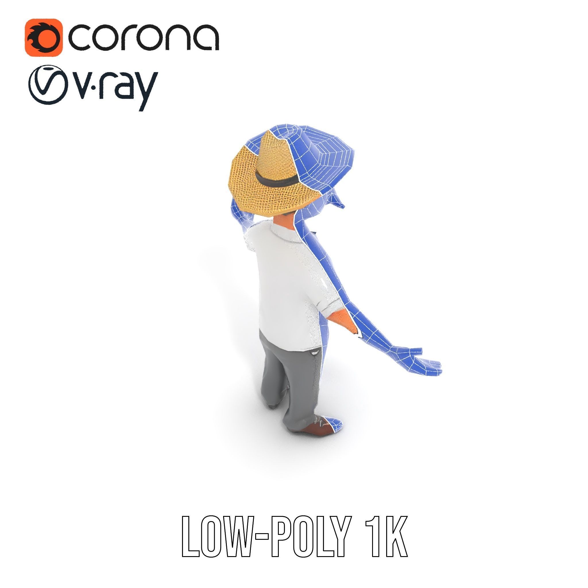 Cartoon Farmer with Hat and Mustache Rigged and Animated Low-poly 3D model_28