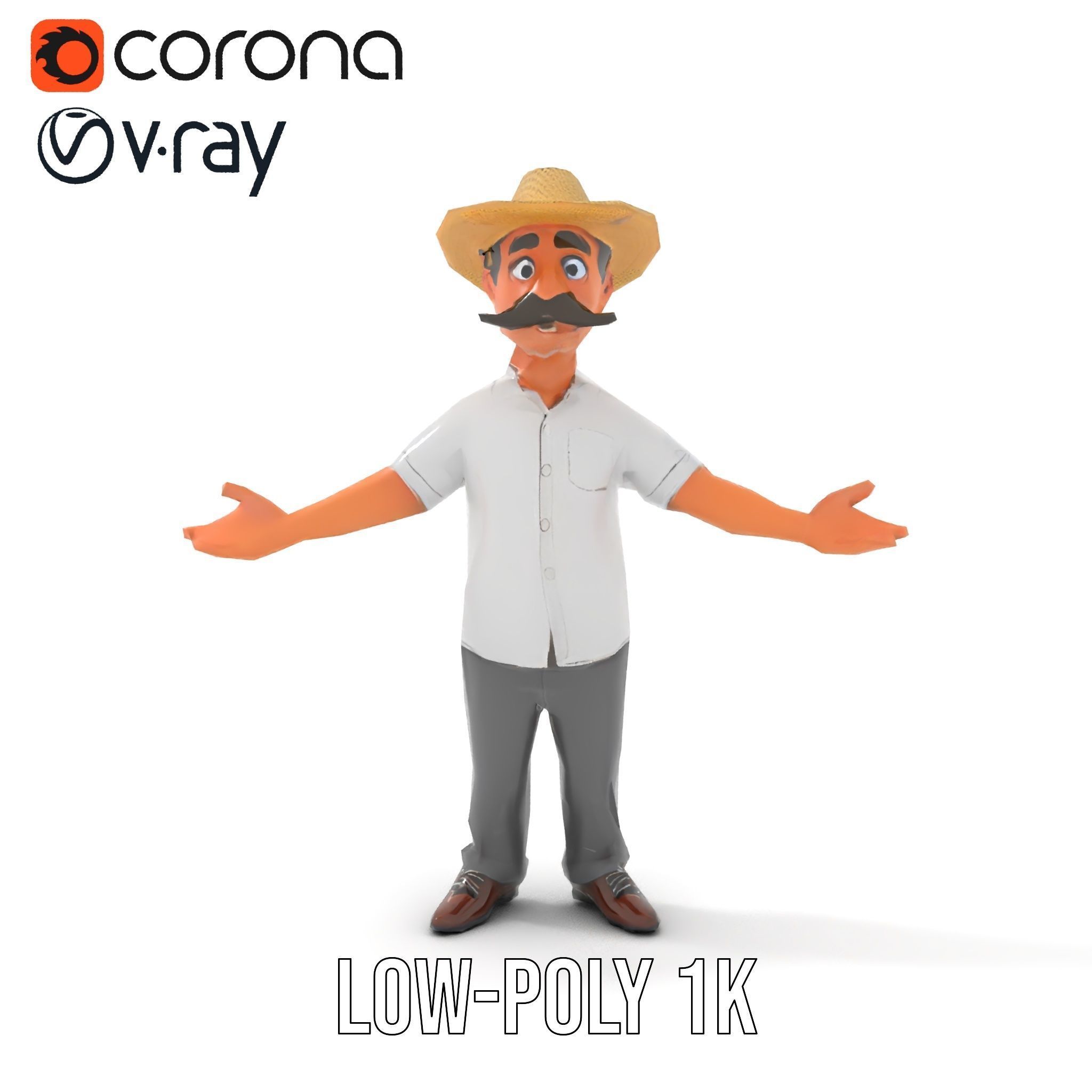 Cartoon Farmer with Hat and Mustache Rigged and Animated Low-poly 3D model_13