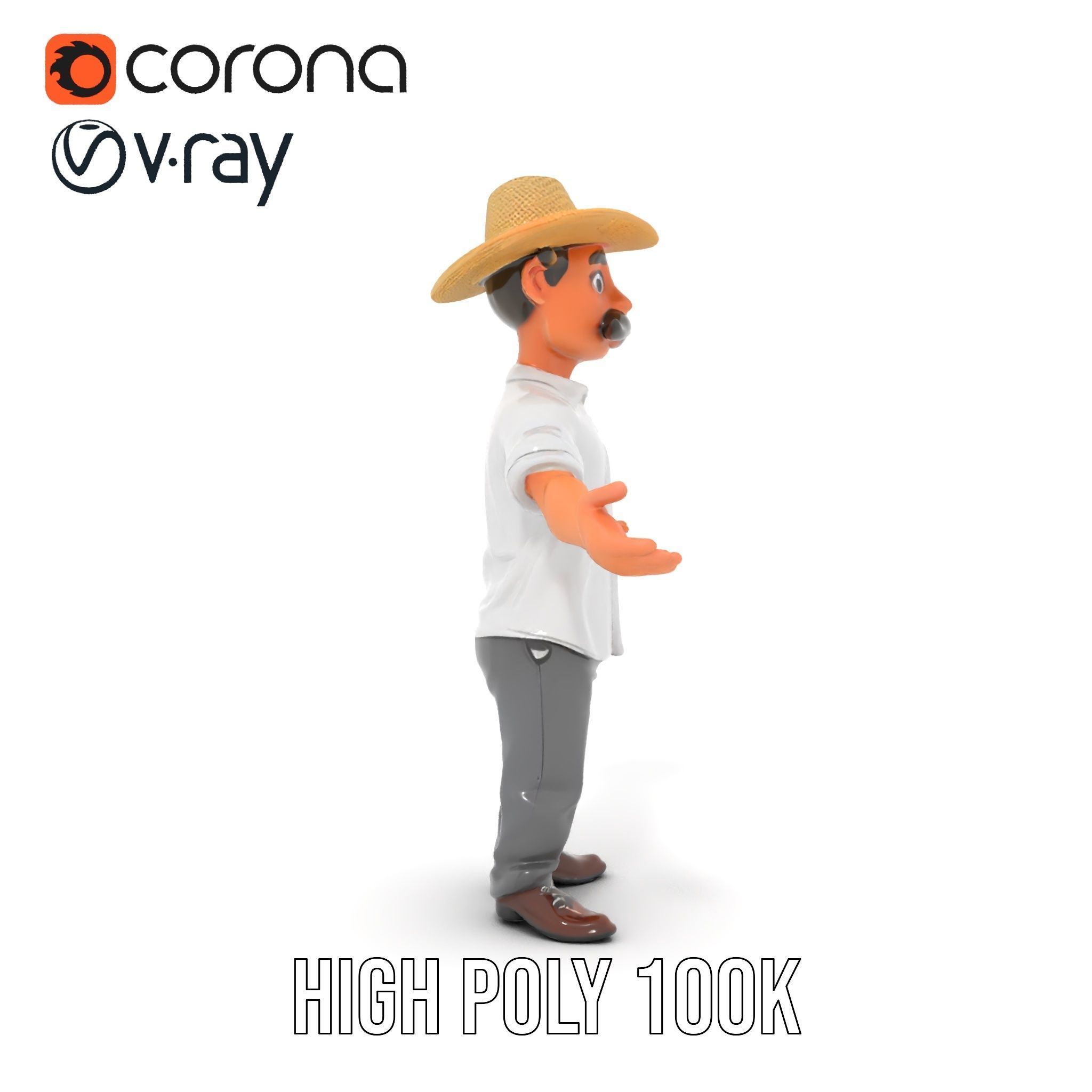 Cartoon Farmer with Hat and Mustache Rigged and Animated Low-poly 3D model_26