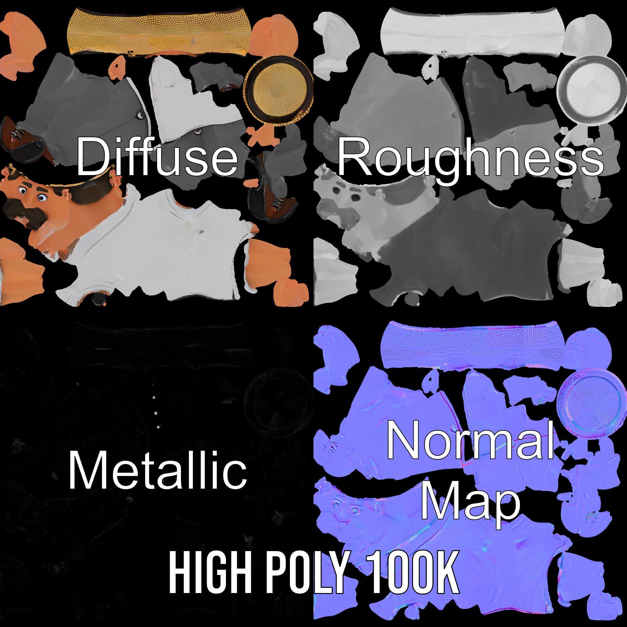 Cartoon Farmer with Hat and Mustache Rigged and Animated Low-poly 3D model_3