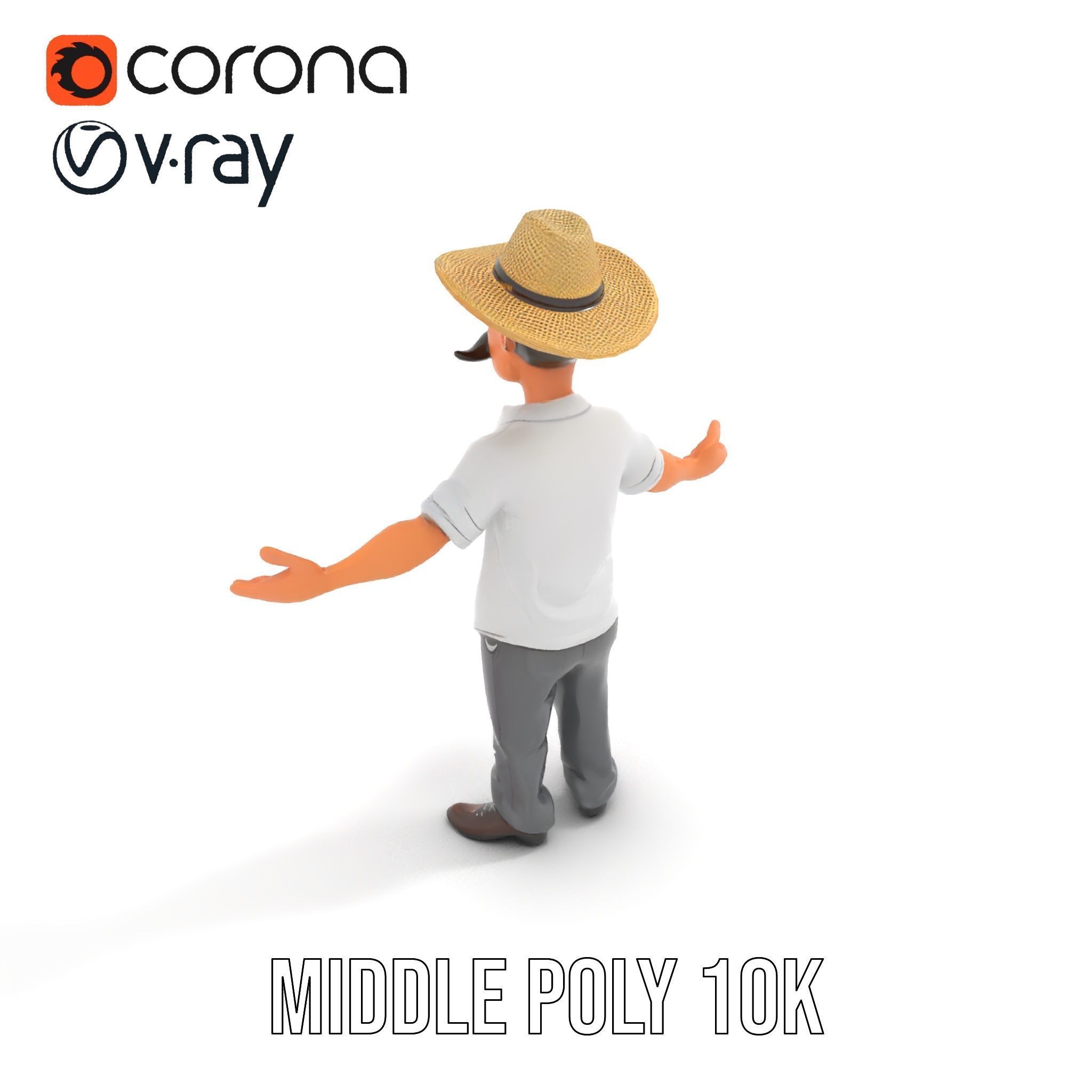 Cartoon Farmer with Hat and Mustache Rigged and Animated Low-poly 3D model_18