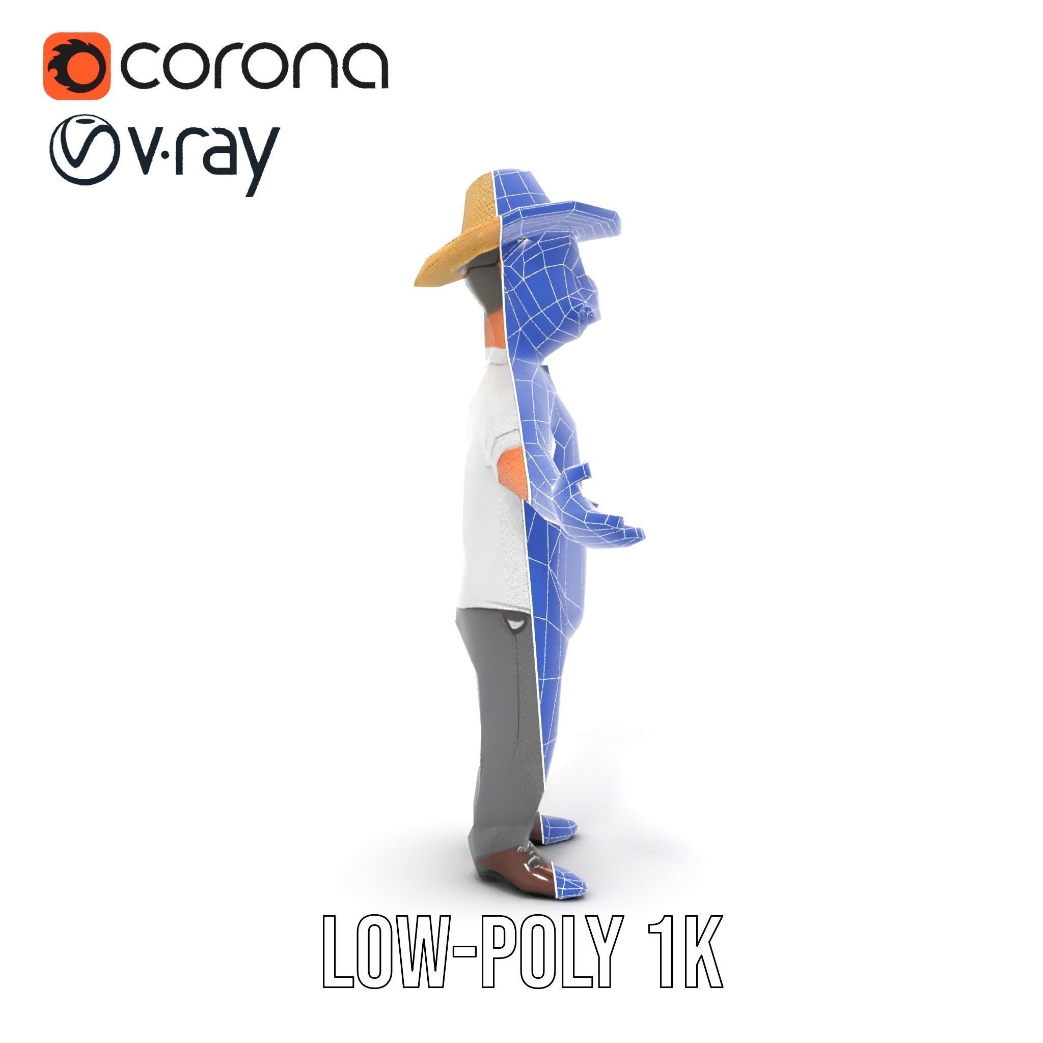 Cartoon Farmer with Hat and Mustache Rigged and Animated Low-poly 3D model_31