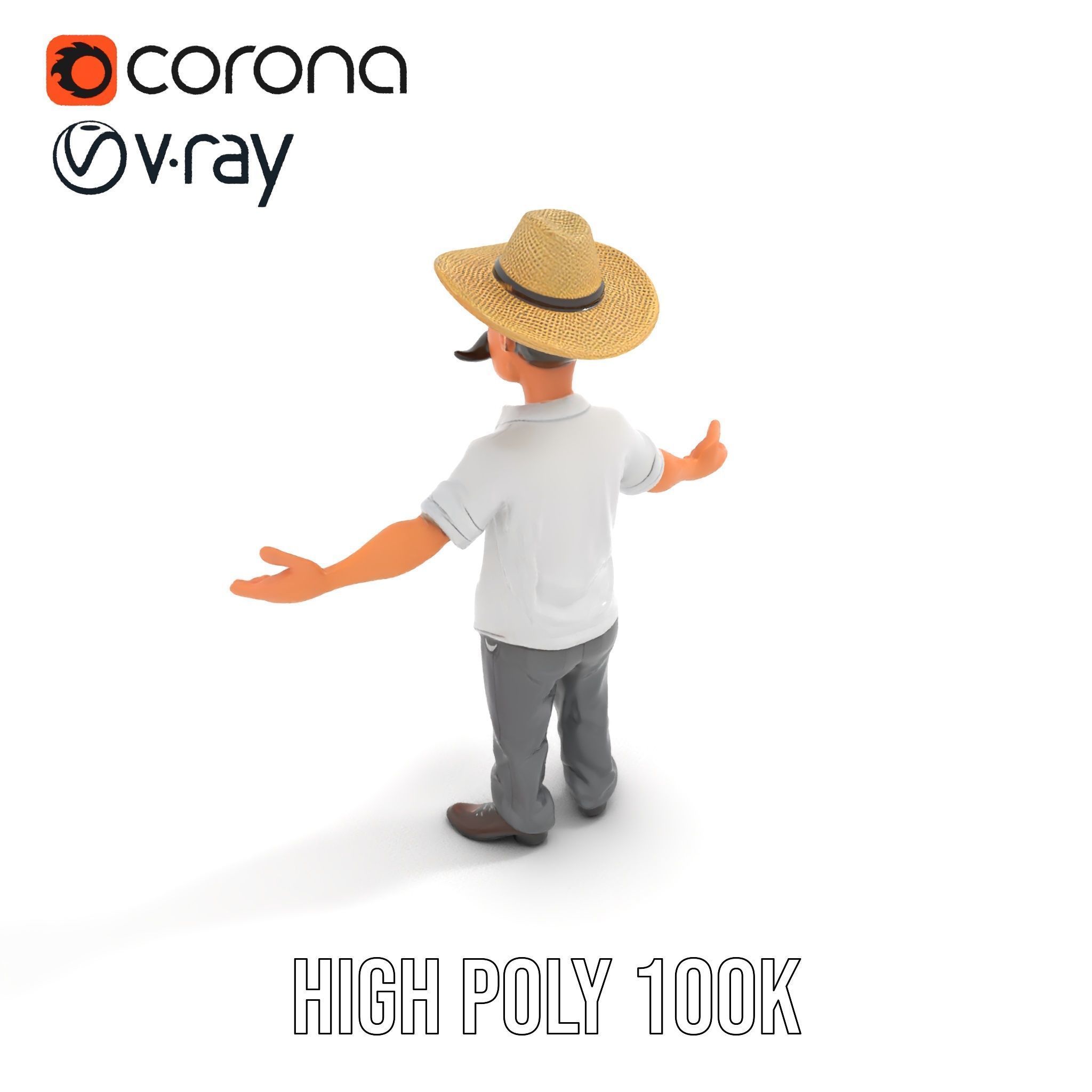 Cartoon Farmer with Hat and Mustache Rigged and Animated Low-poly 3D model_11
