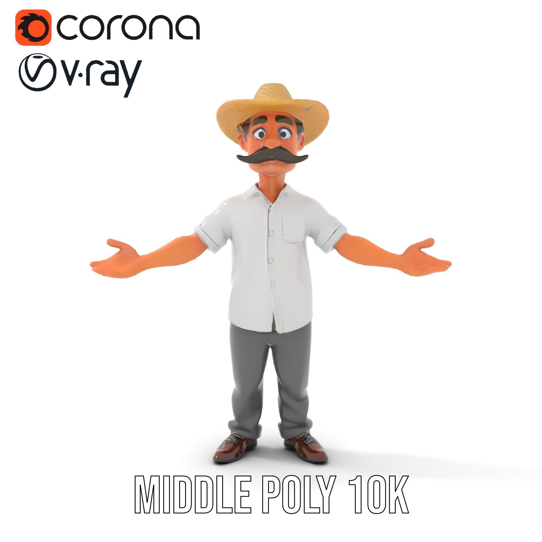 Cartoon Farmer with Hat and Mustache Rigged and Animated Low-poly 3D model_9