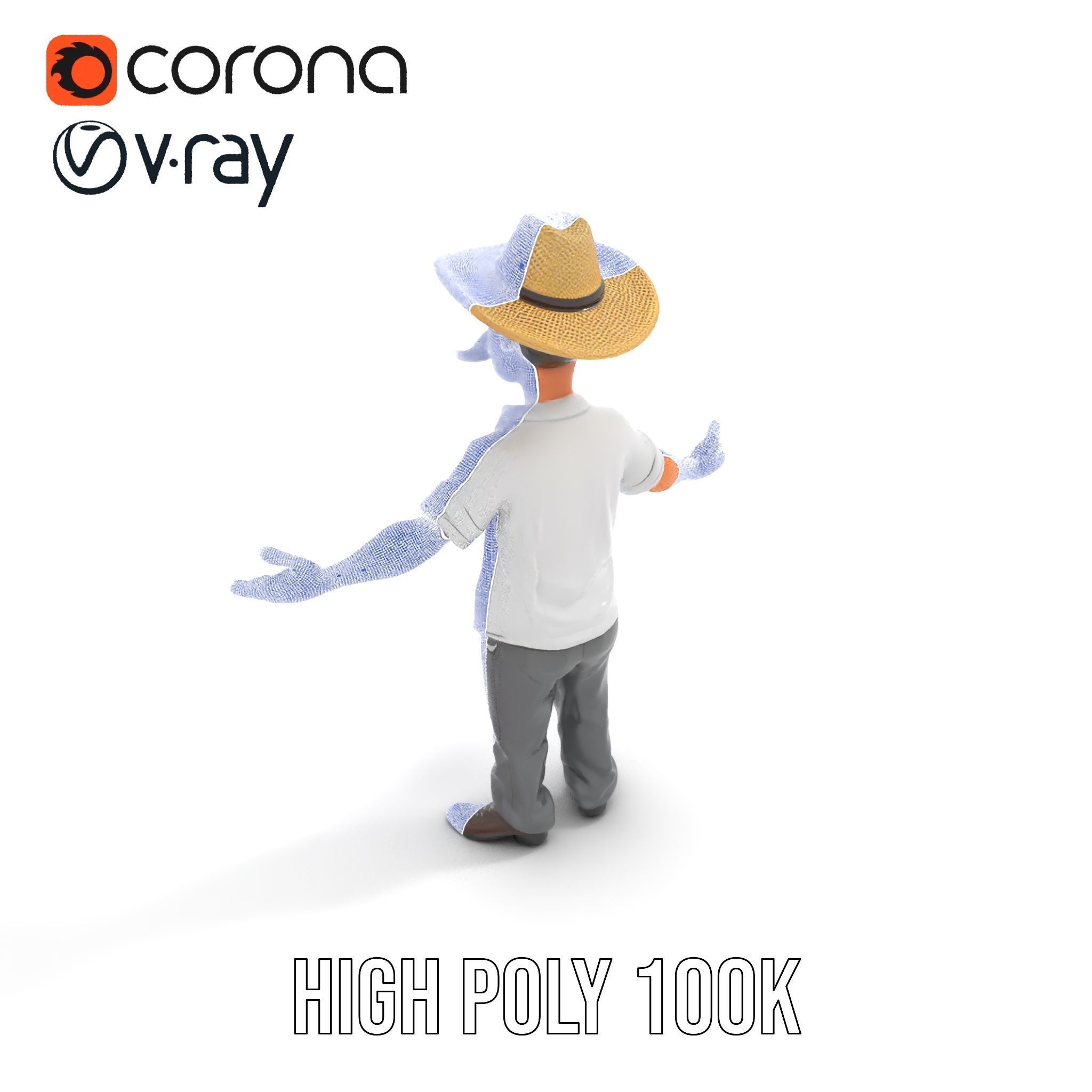 Cartoon Farmer with Hat and Mustache Rigged and Animated Low-poly 3D model_29