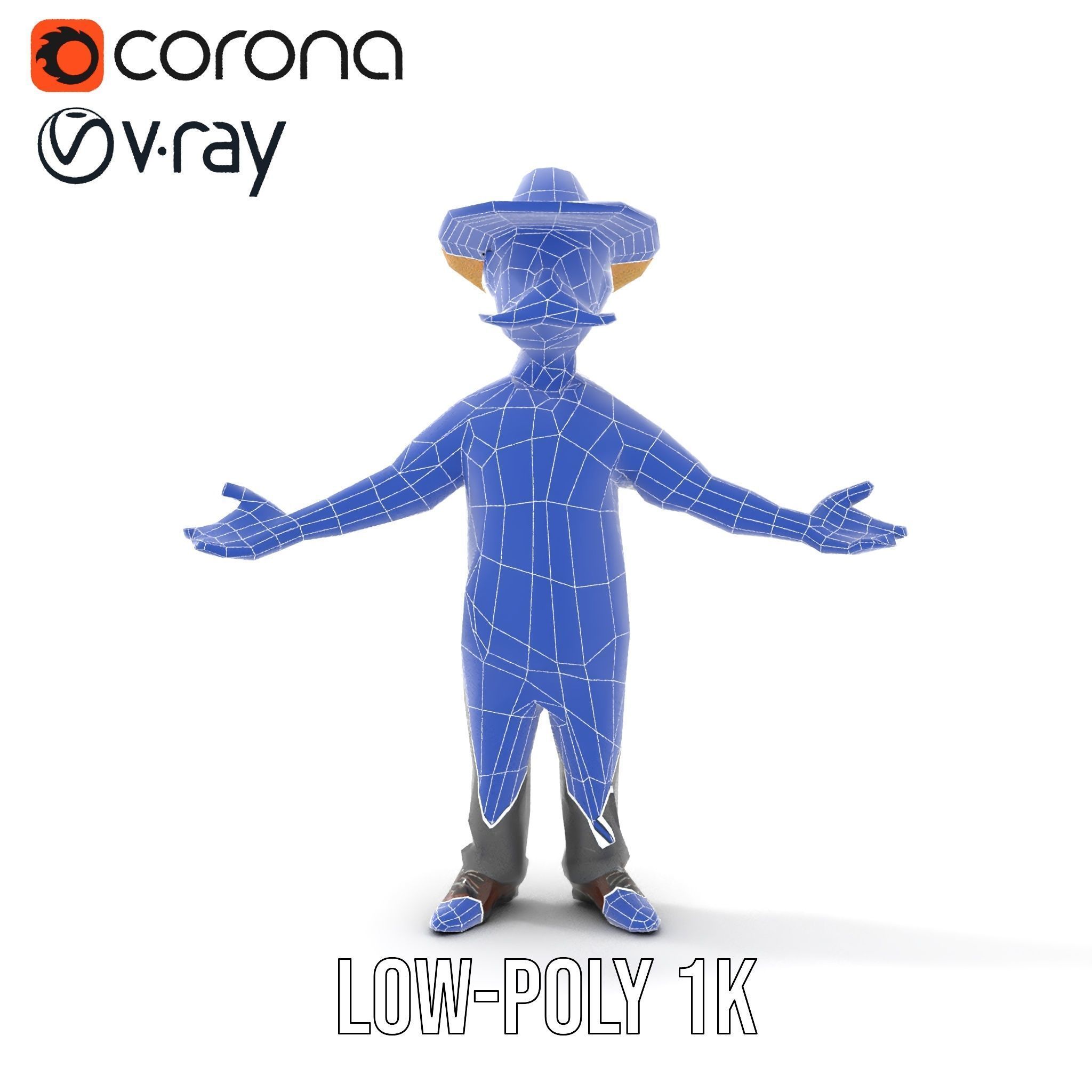 Cartoon Farmer with Hat and Mustache Rigged and Animated Low-poly 3D model_25