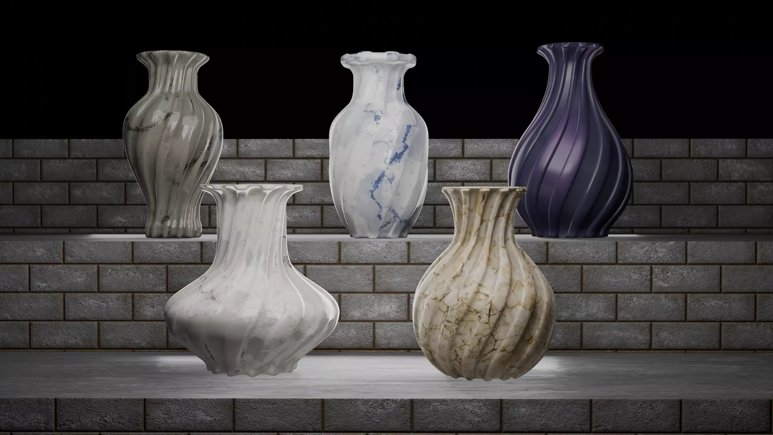 Elegant Modern Vases Pack Marble Finish - Different Textures 3D model_0