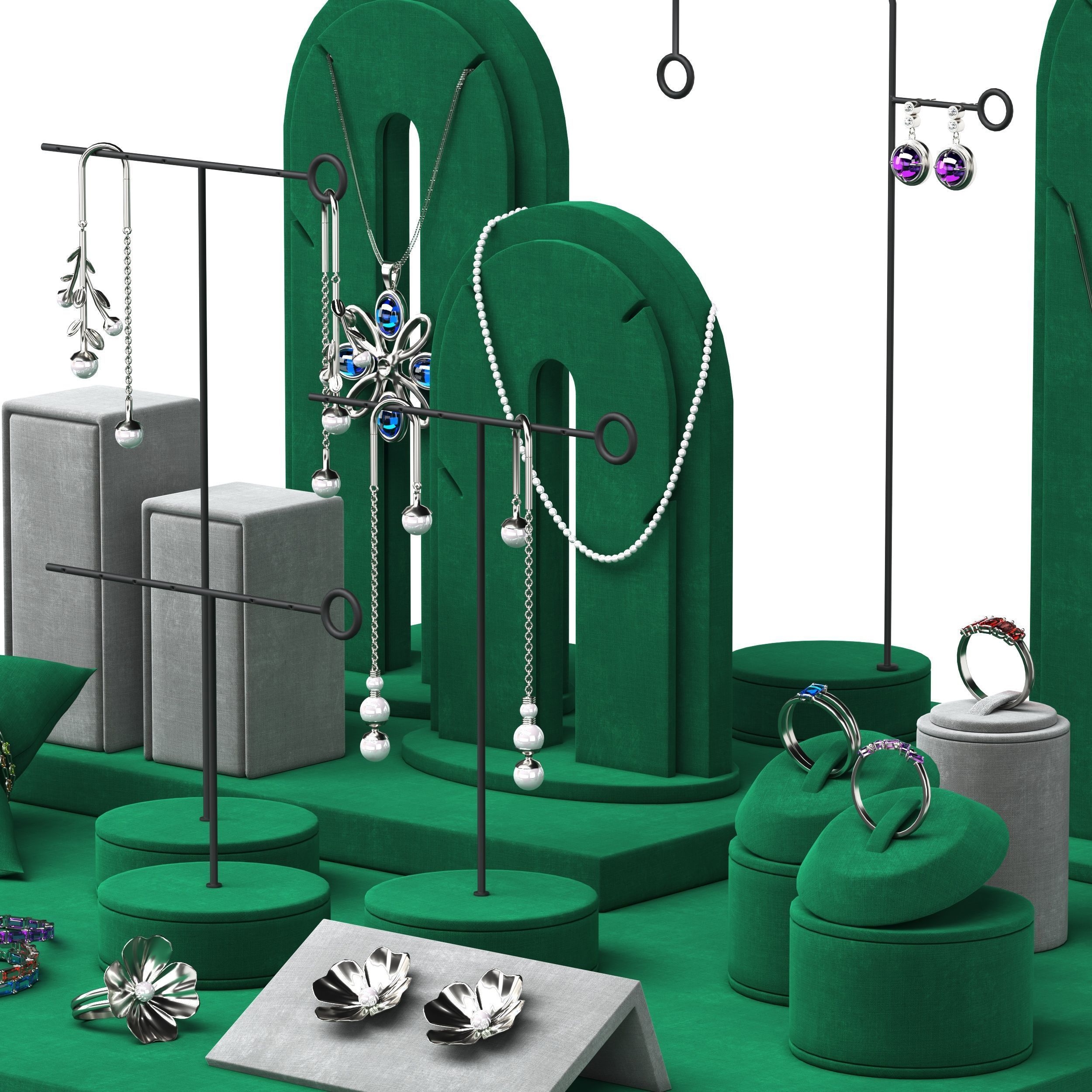 Jewelry Display Set Stand Green 3D model_2