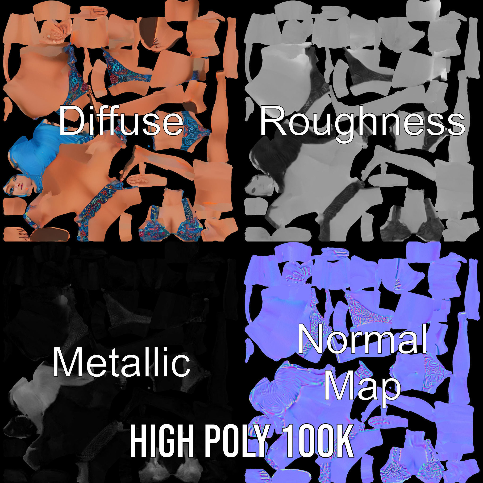 Bluehaired Bikini Character Rigged and Animated D Model Low-poly 3D model_3