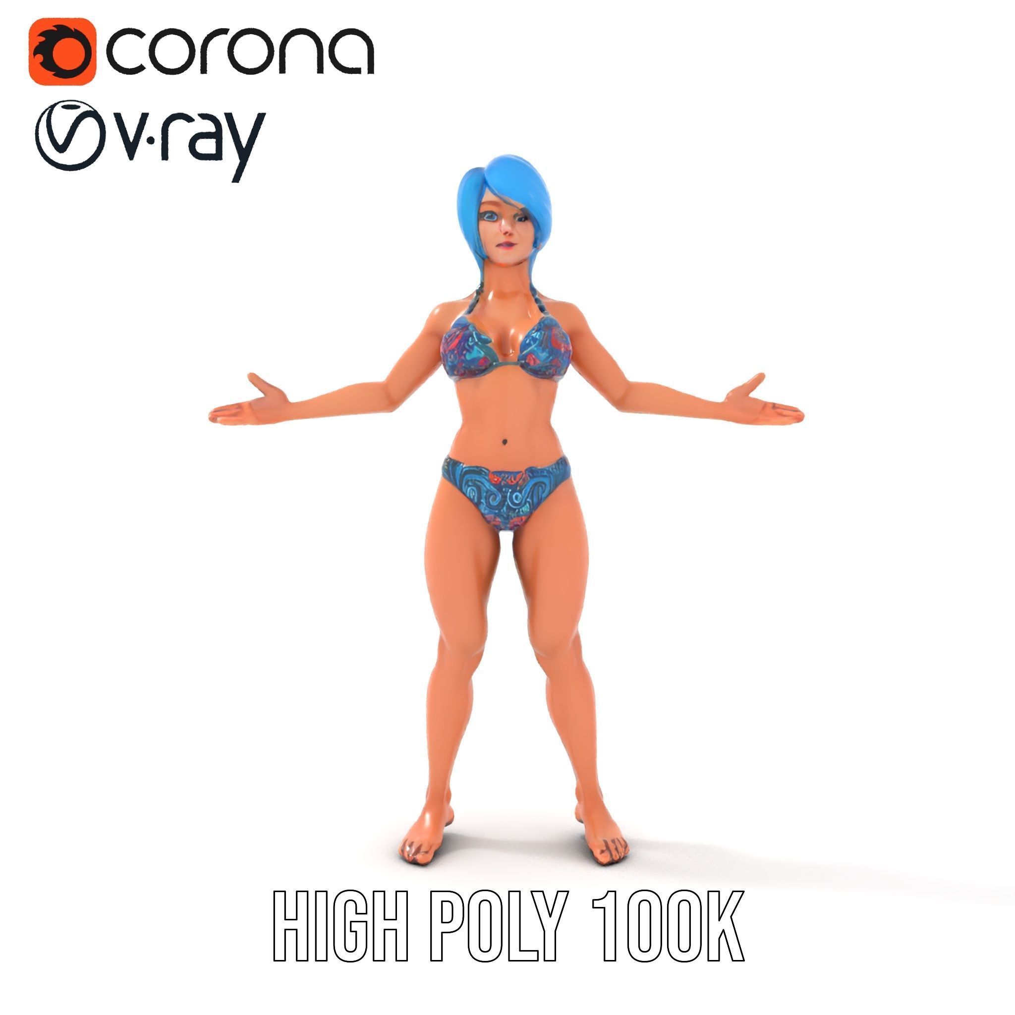 Bluehaired Bikini Character Rigged and Animated D Model Low-poly 3D model_33