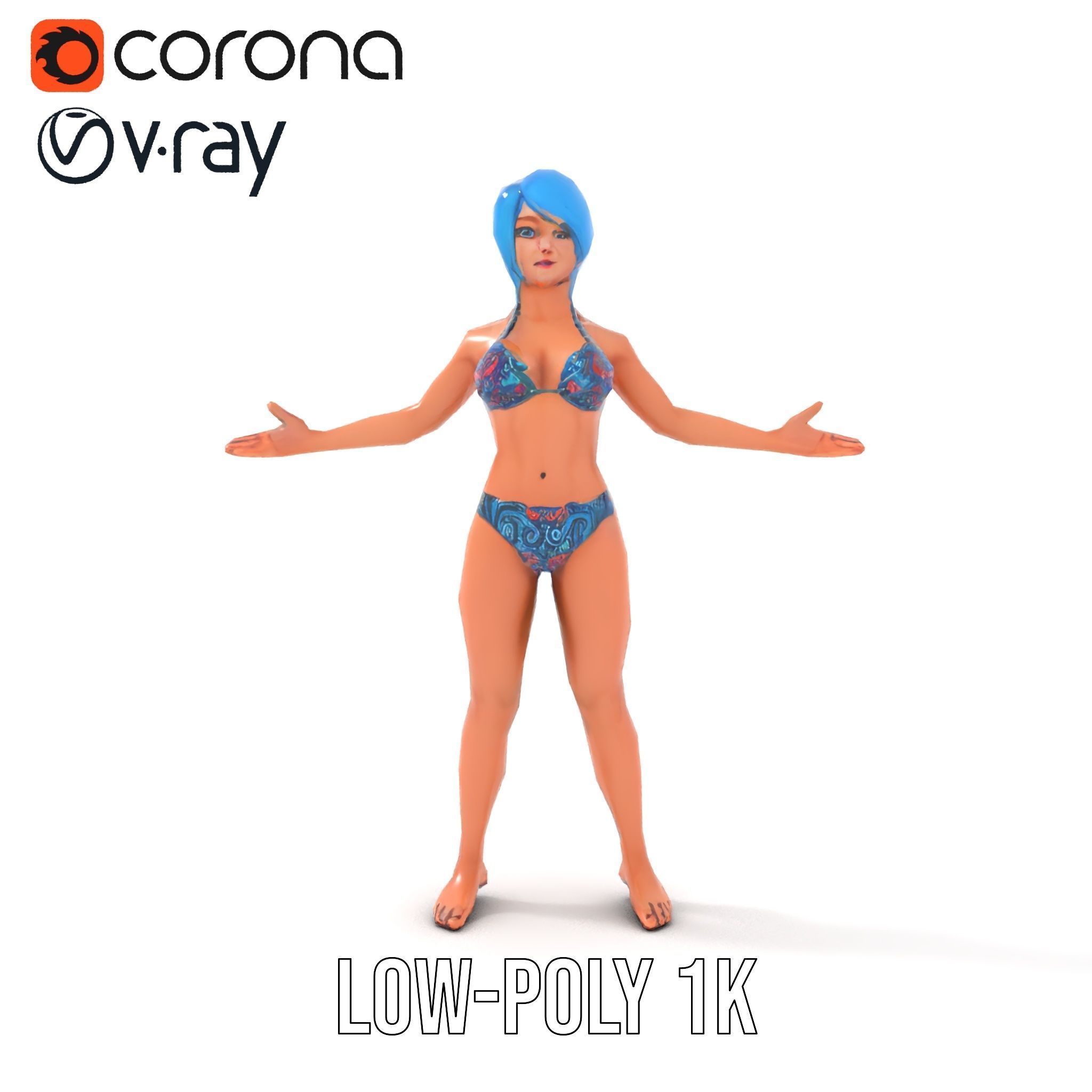 Bluehaired Bikini Character Rigged and Animated D Model Low-poly 3D model_11