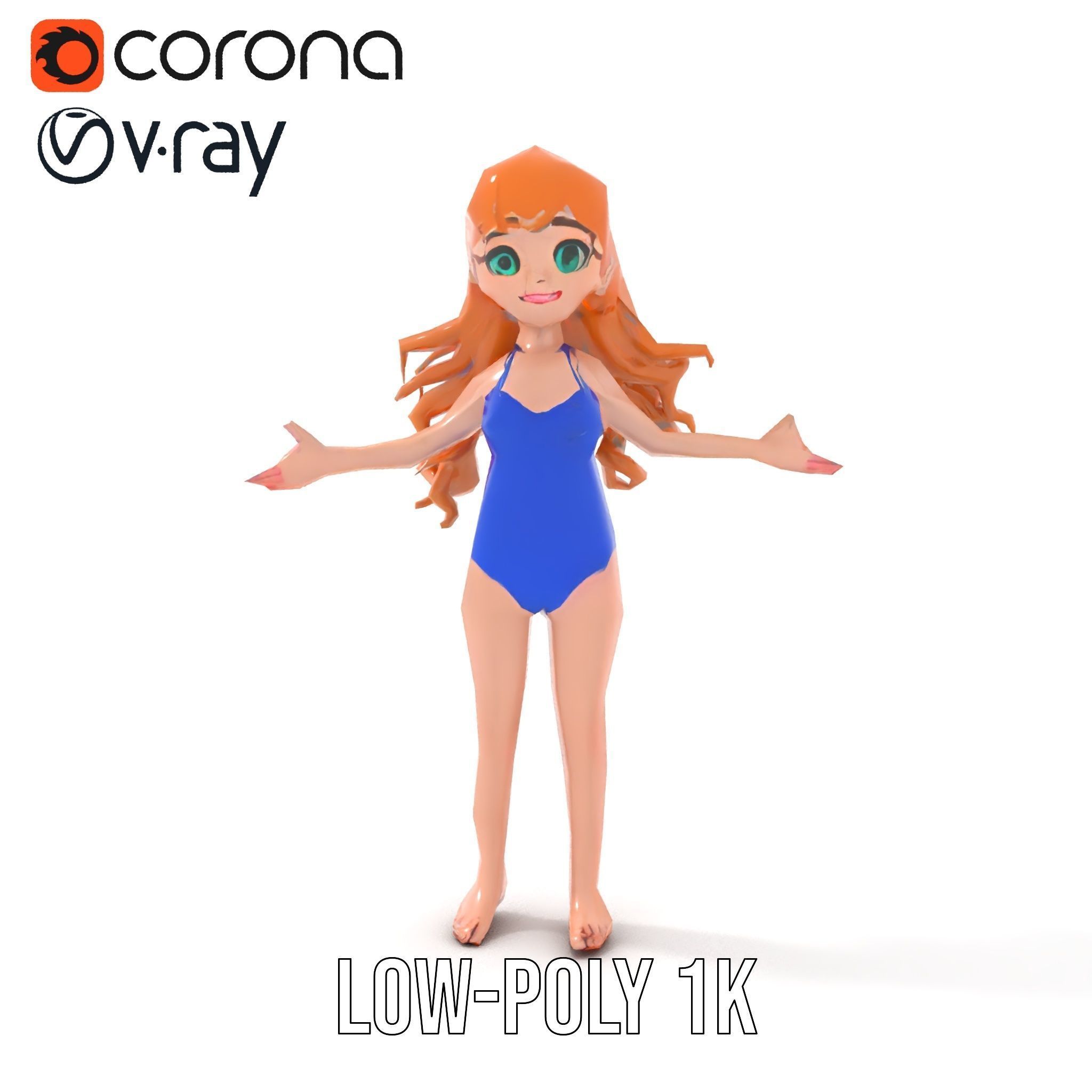 Animated Redhead Swimsuit Girl Rigged and Animated D Model Low-poly 3D model_9