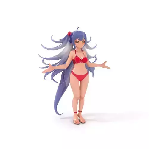 Anime Beach Girl in Red Bikini Rigged and Animated Low-poly 3D model