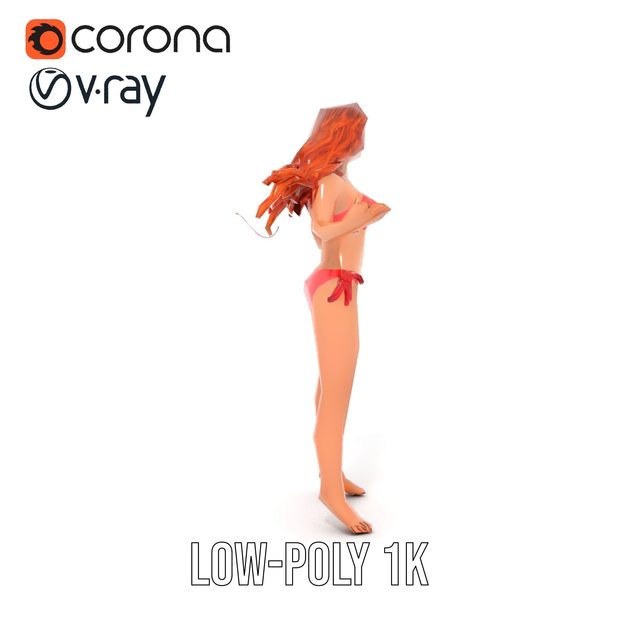 RedHaired Beachwear Character Model Rigged and Animated Low-poly 3D model_7
