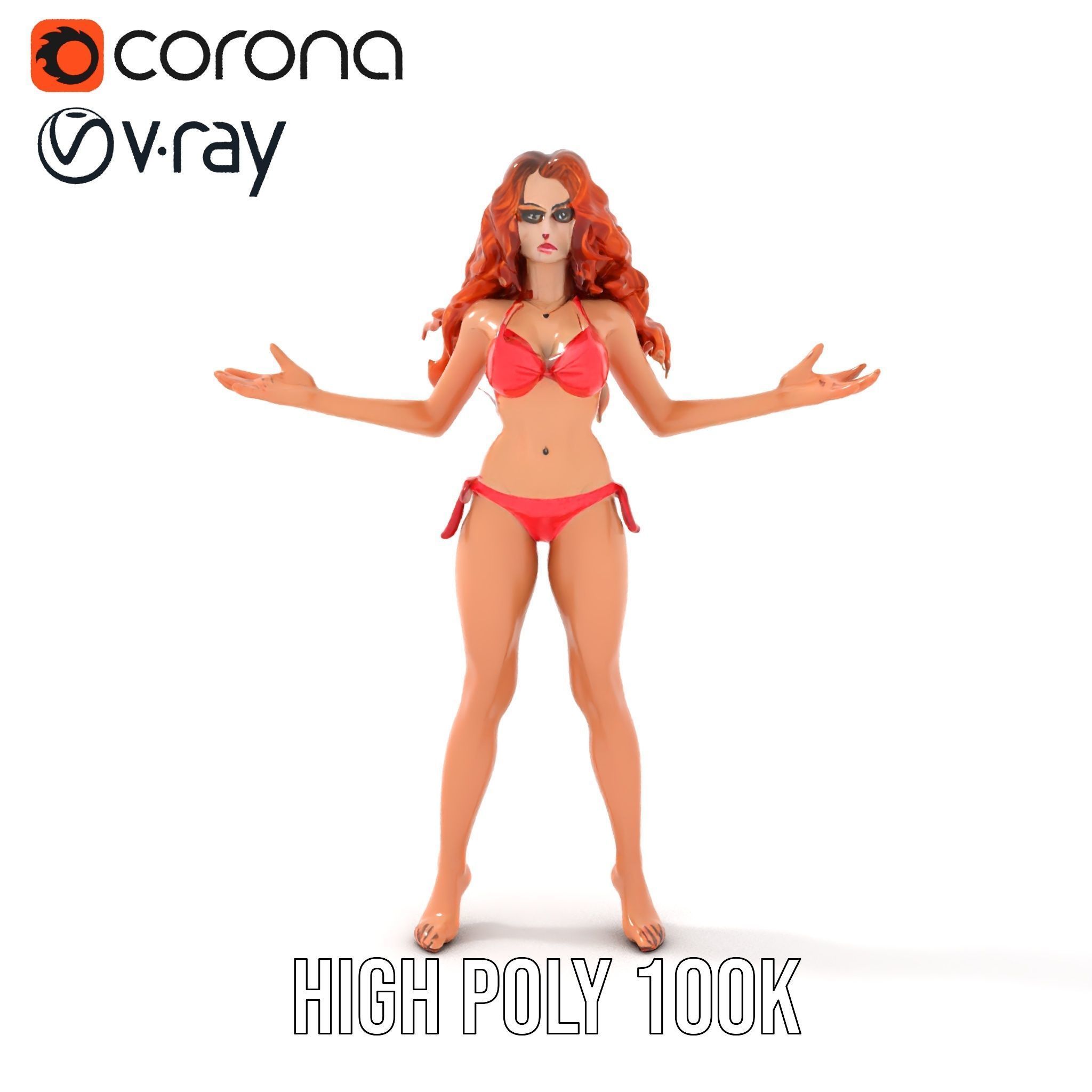 RedHaired Beachwear Character Model Rigged and Animated Low-poly 3D model_29