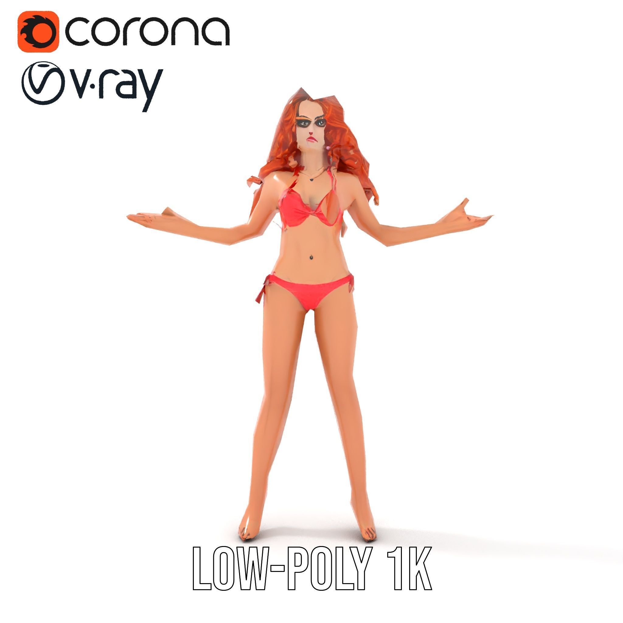 RedHaired Beachwear Character Model Rigged and Animated Low-poly 3D model_11