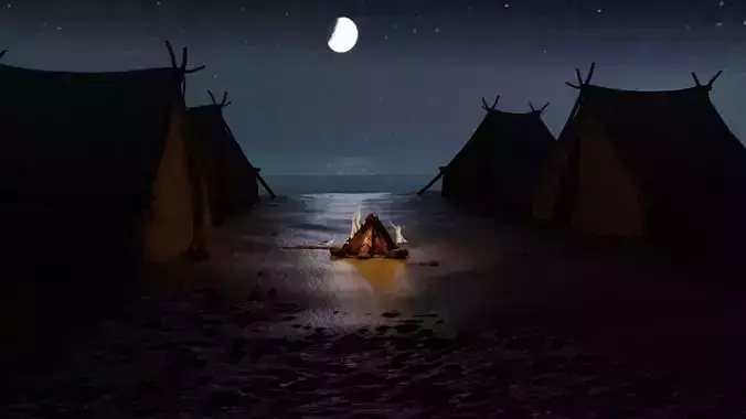 Night Scout Campfire on Beach - Realistic 3D Scene 3D model