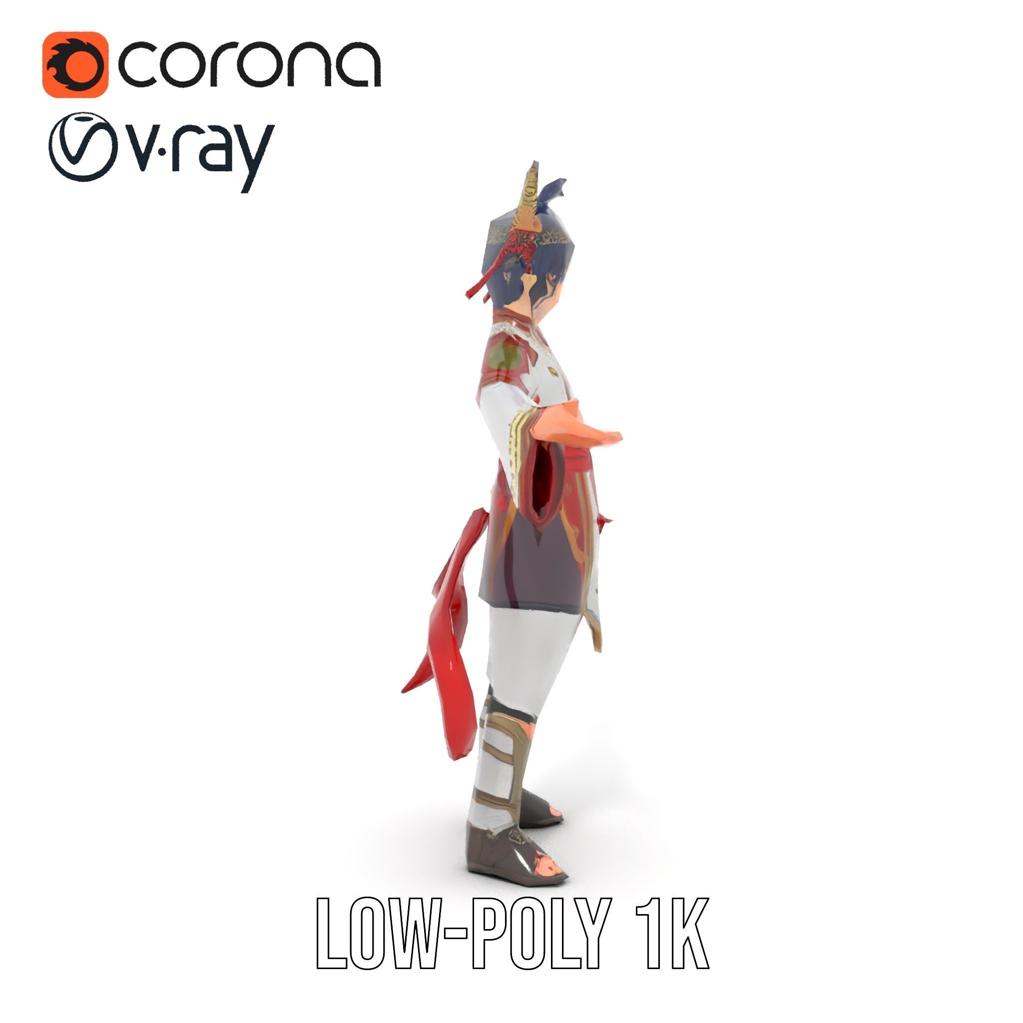 Rigged and Animated Warrior Monk with Traditional Outfit Low-poly 3D model_24