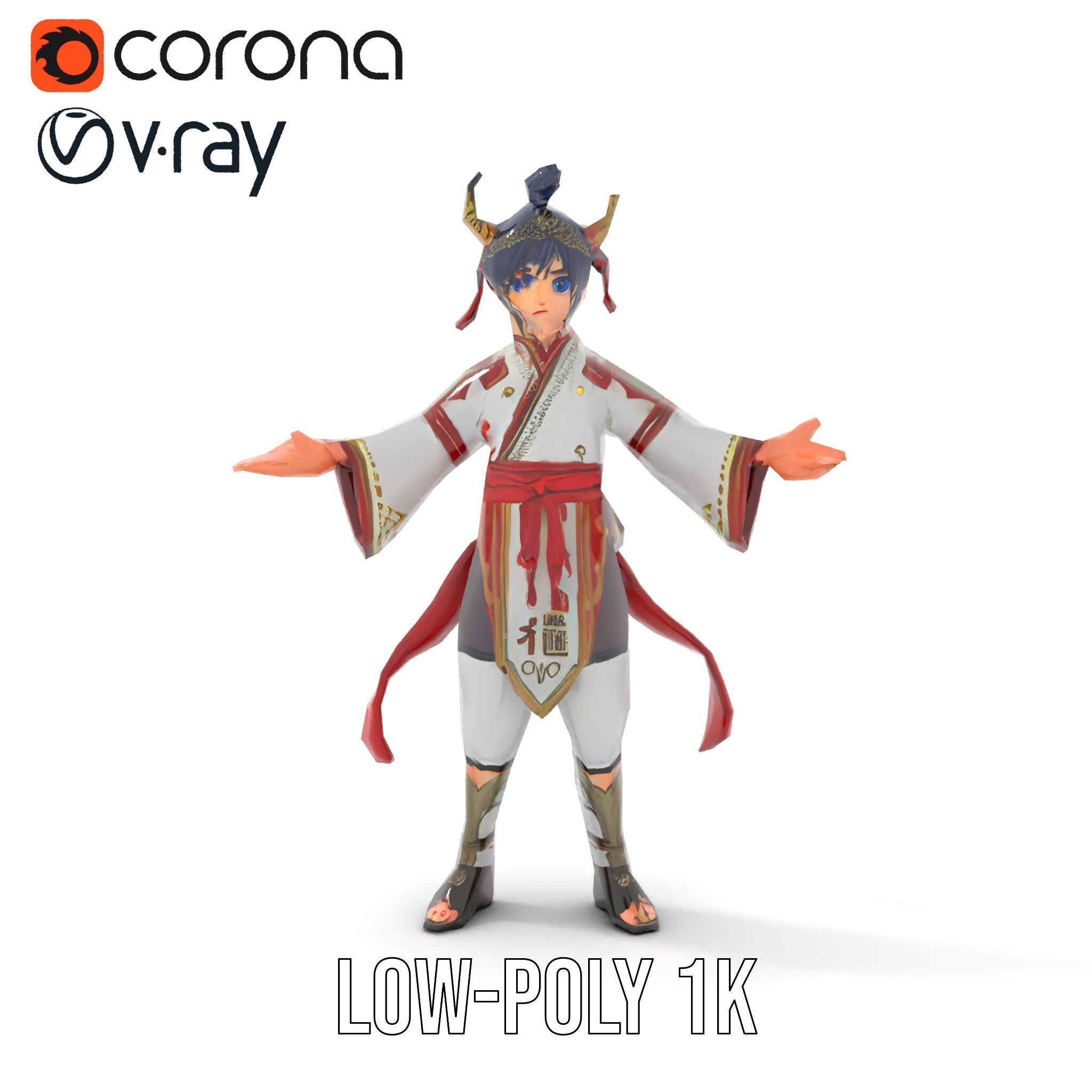 Rigged and Animated Warrior Monk with Traditional Outfit Low-poly 3D model_22