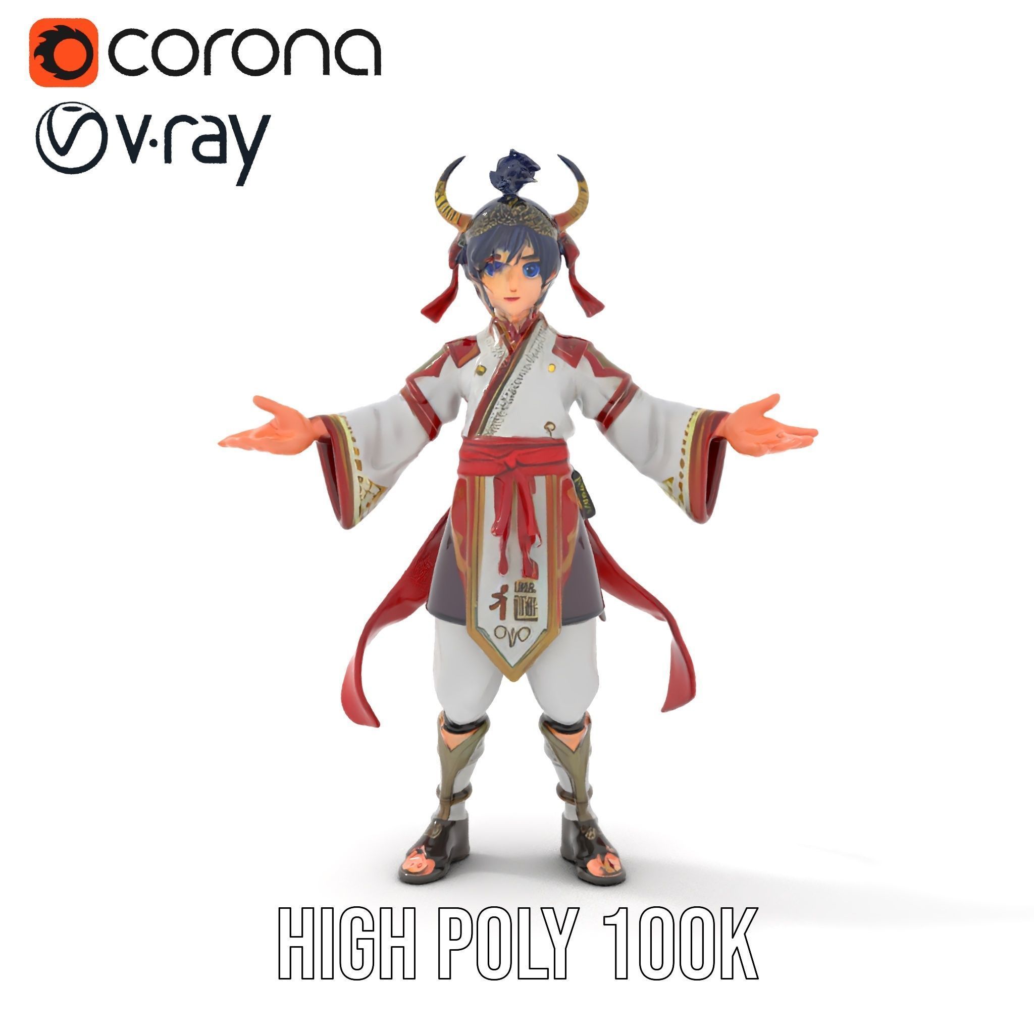 Rigged and Animated Warrior Monk with Traditional Outfit Low-poly 3D model_20