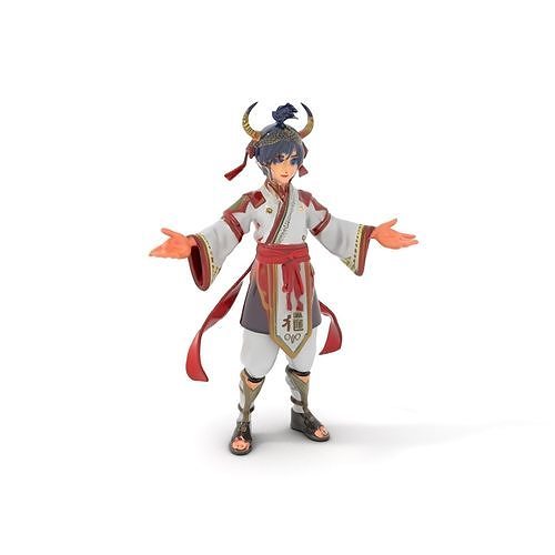 Rigged and Animated Warrior Monk with Traditional Outfit Low-poly 3D model