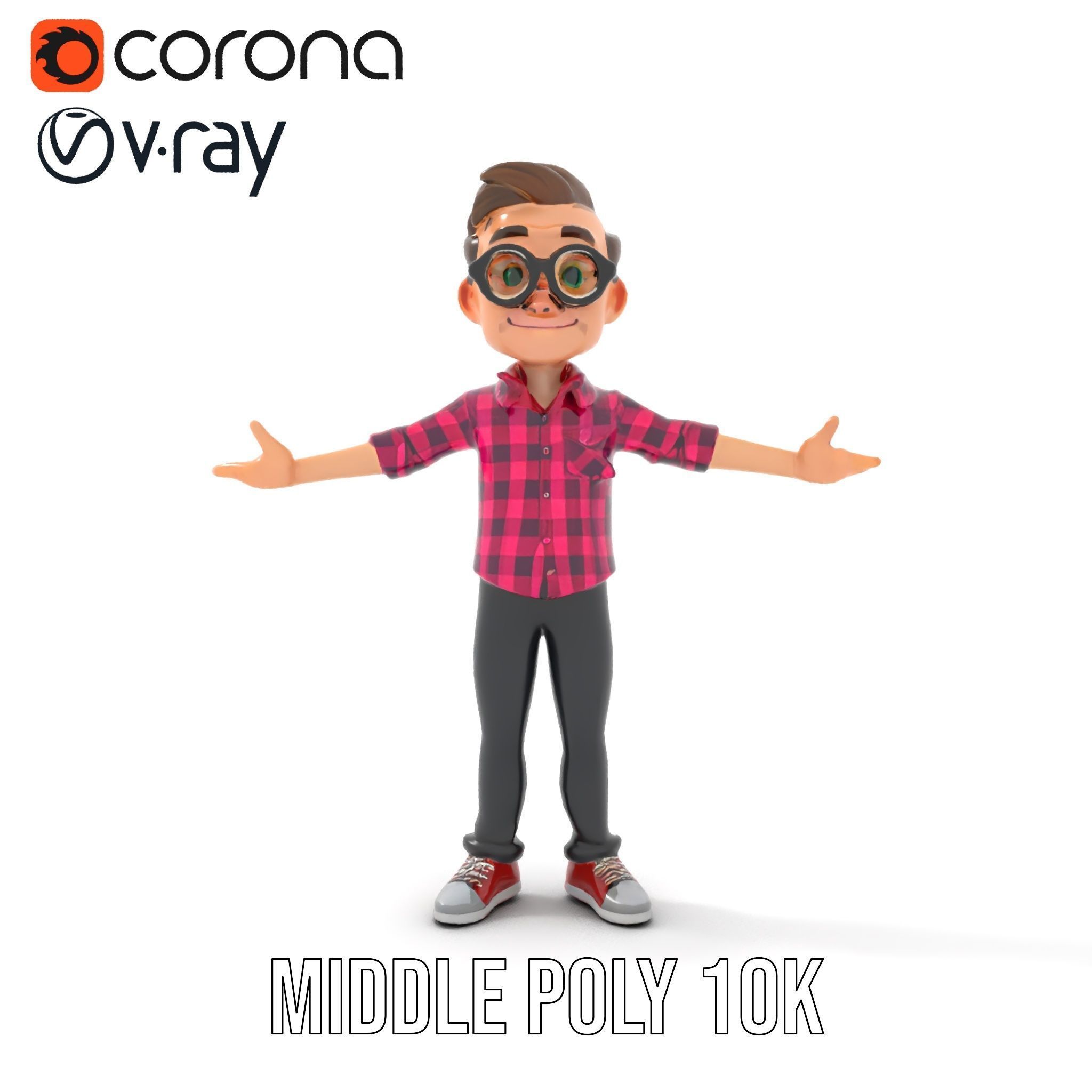 Young Male Character with Glasses in Checkered Shirt  Rigged ... Low-poly 3D model_9