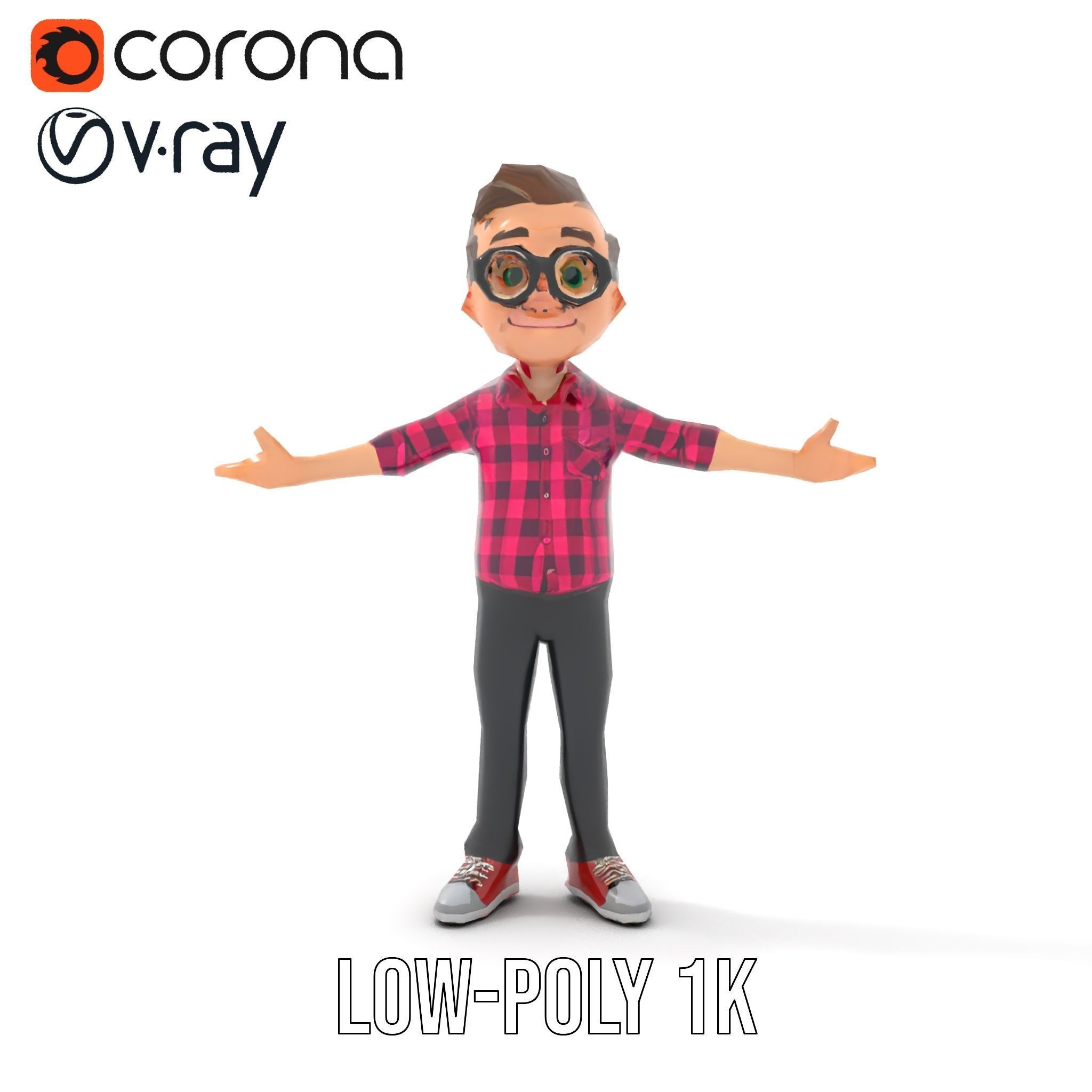 Young Male Character with Glasses in Checkered Shirt  Rigged ... Low-poly 3D model_15
