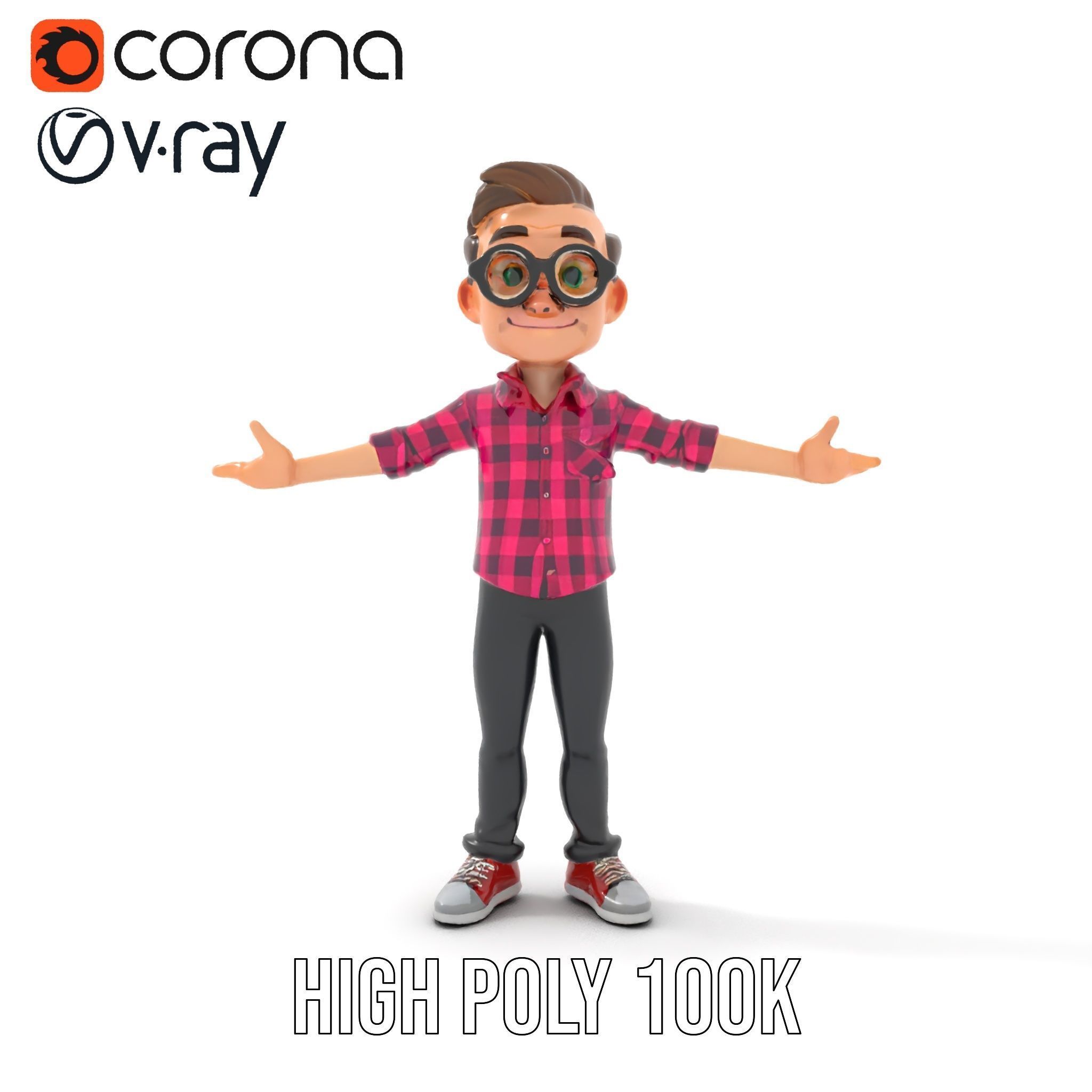 Young Male Character with Glasses in Checkered Shirt  Rigged ... Low-poly 3D model_16