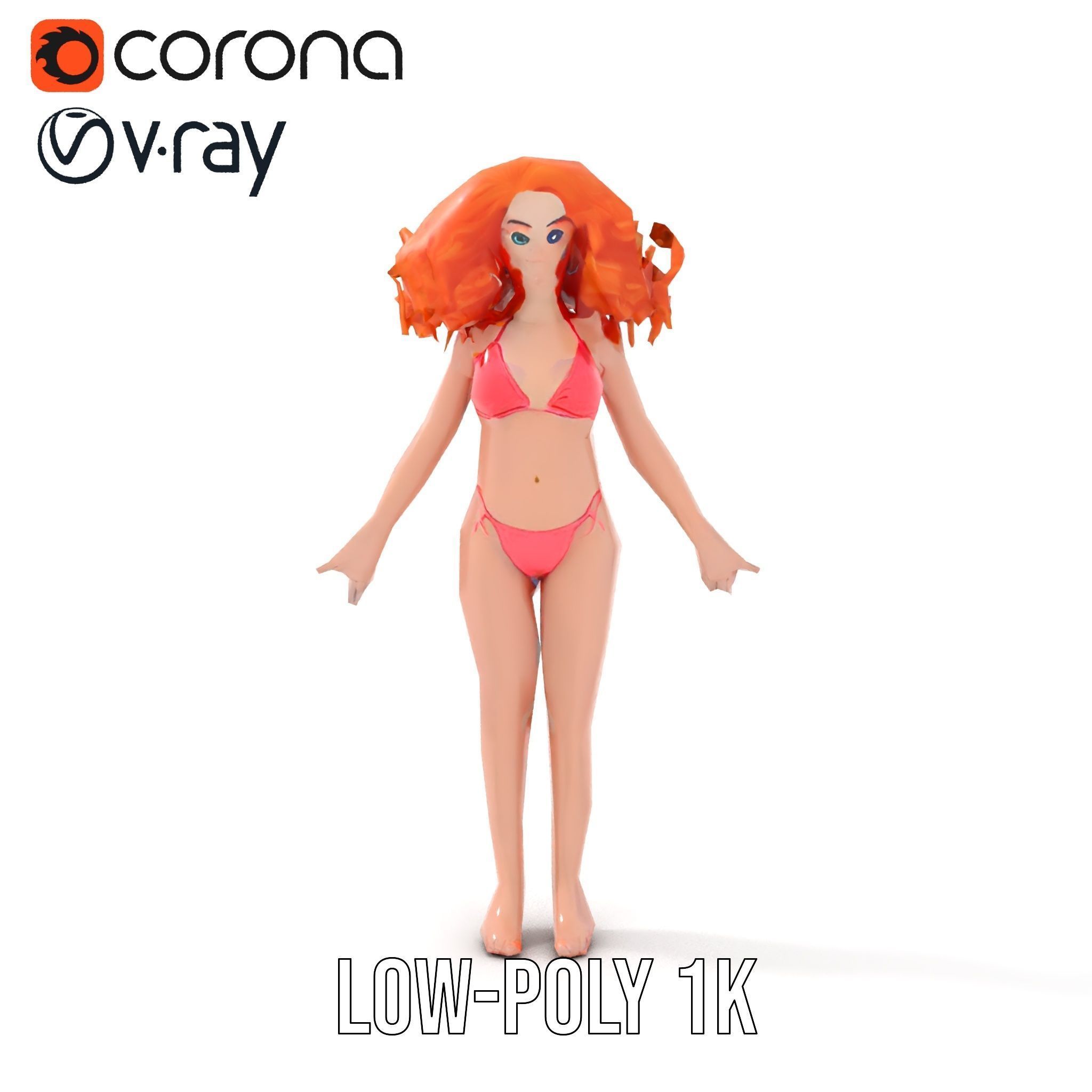 Curly Redhead Bikini Model Rigged and Animated Low-poly 3D model_22