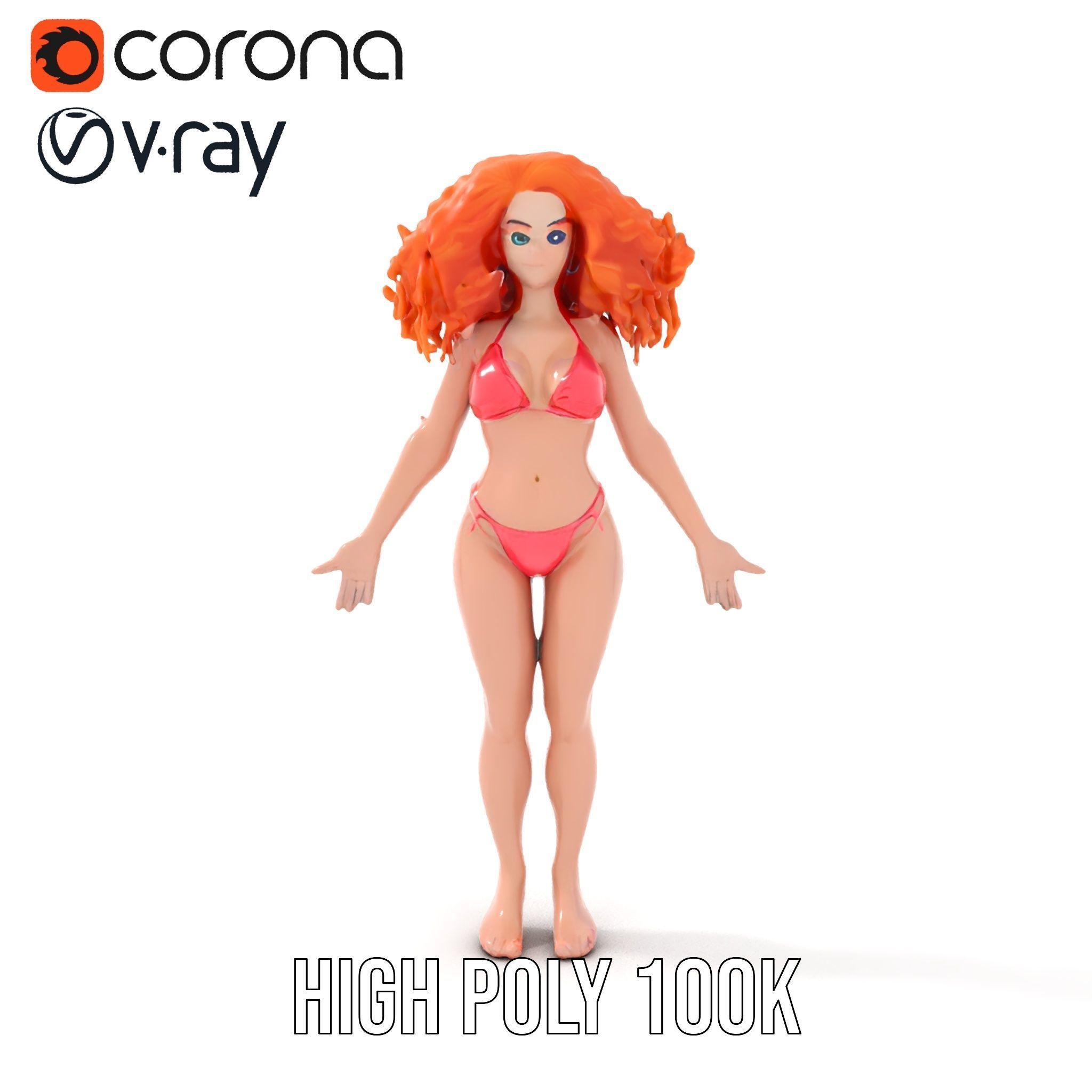 Curly Redhead Bikini Model Rigged and Animated Low-poly 3D model_33