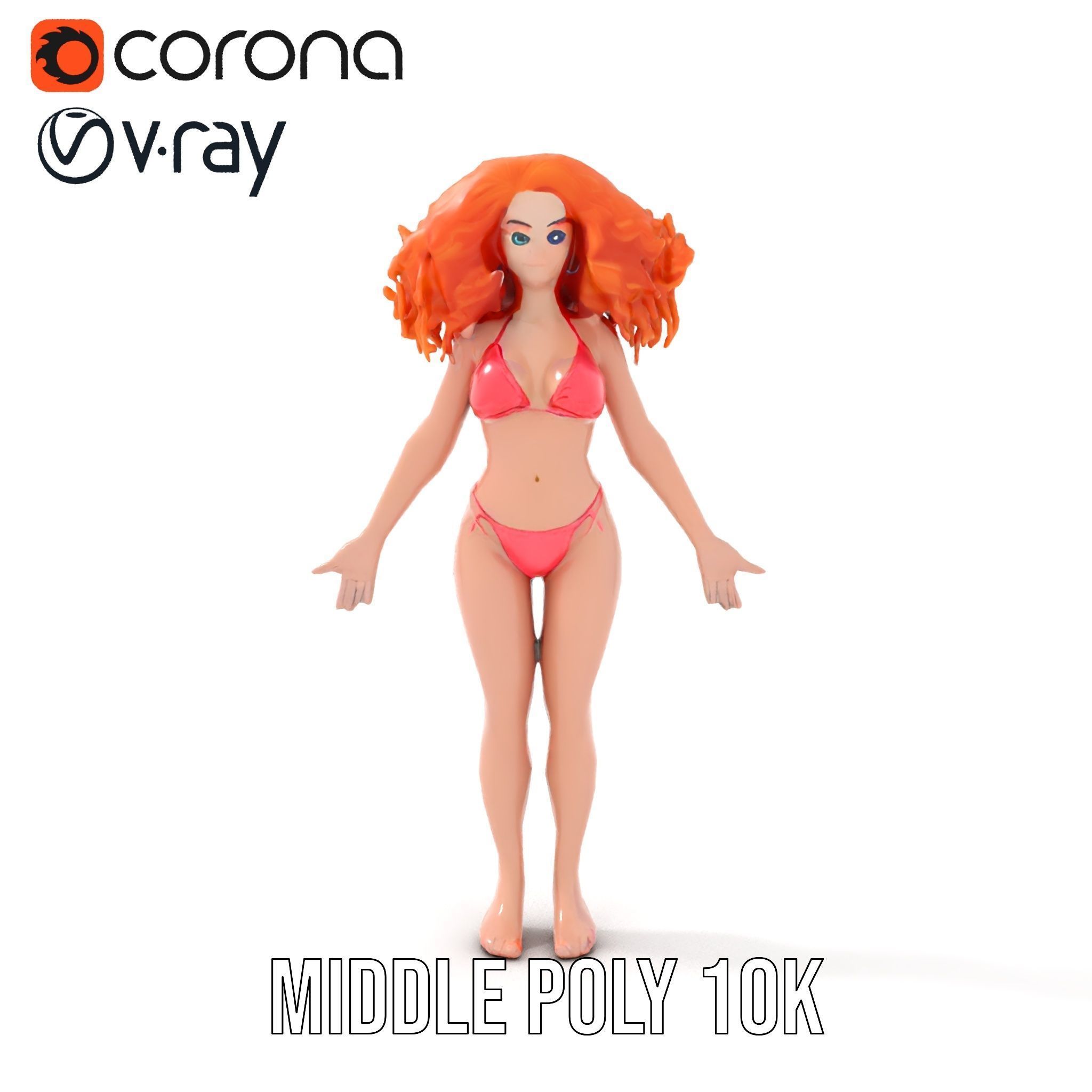 Curly Redhead Bikini Model Rigged and Animated Low-poly 3D model_13