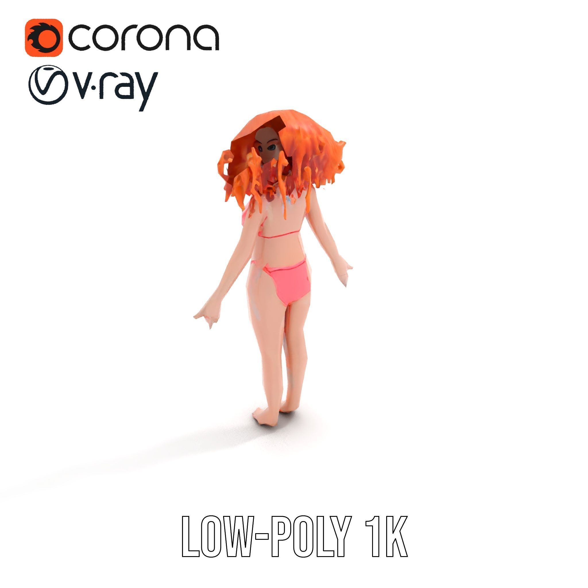 Curly Redhead Bikini Model Rigged and Animated Low-poly 3D model_17