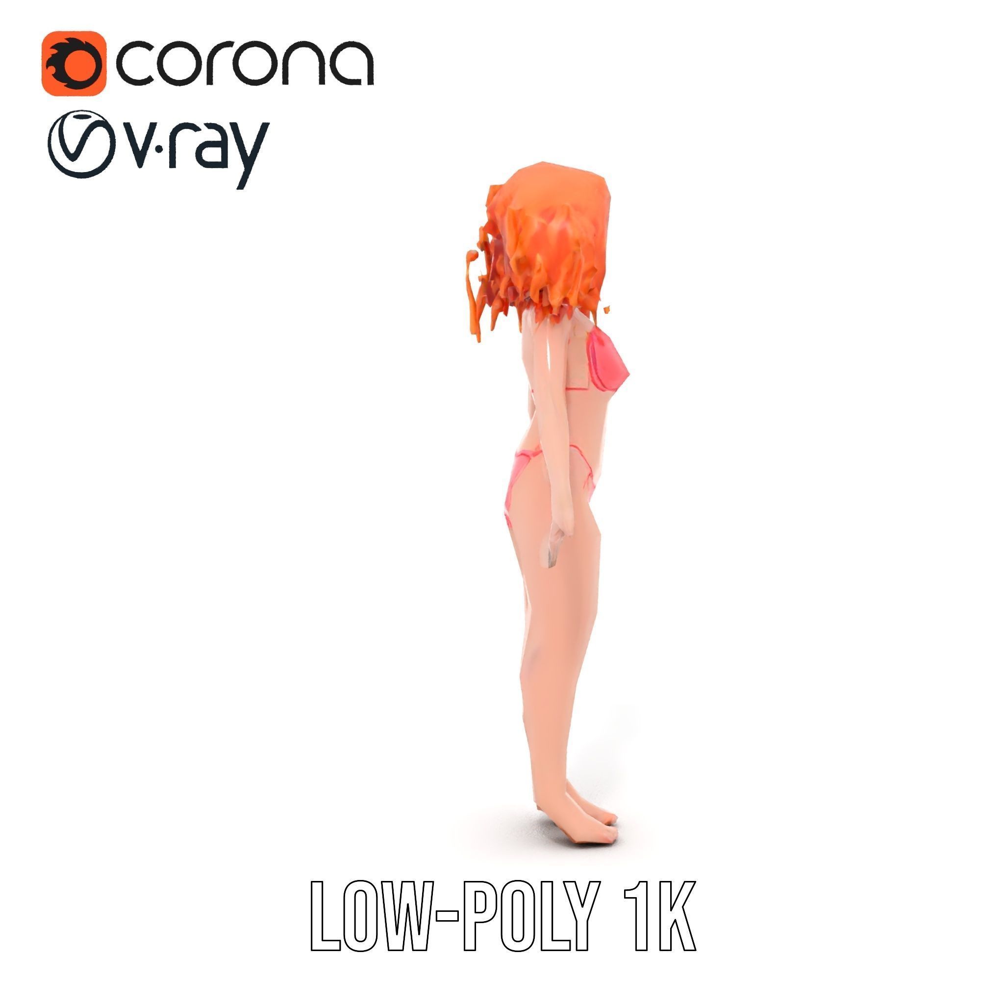 Curly Redhead Bikini Model Rigged and Animated Low-poly 3D model_9