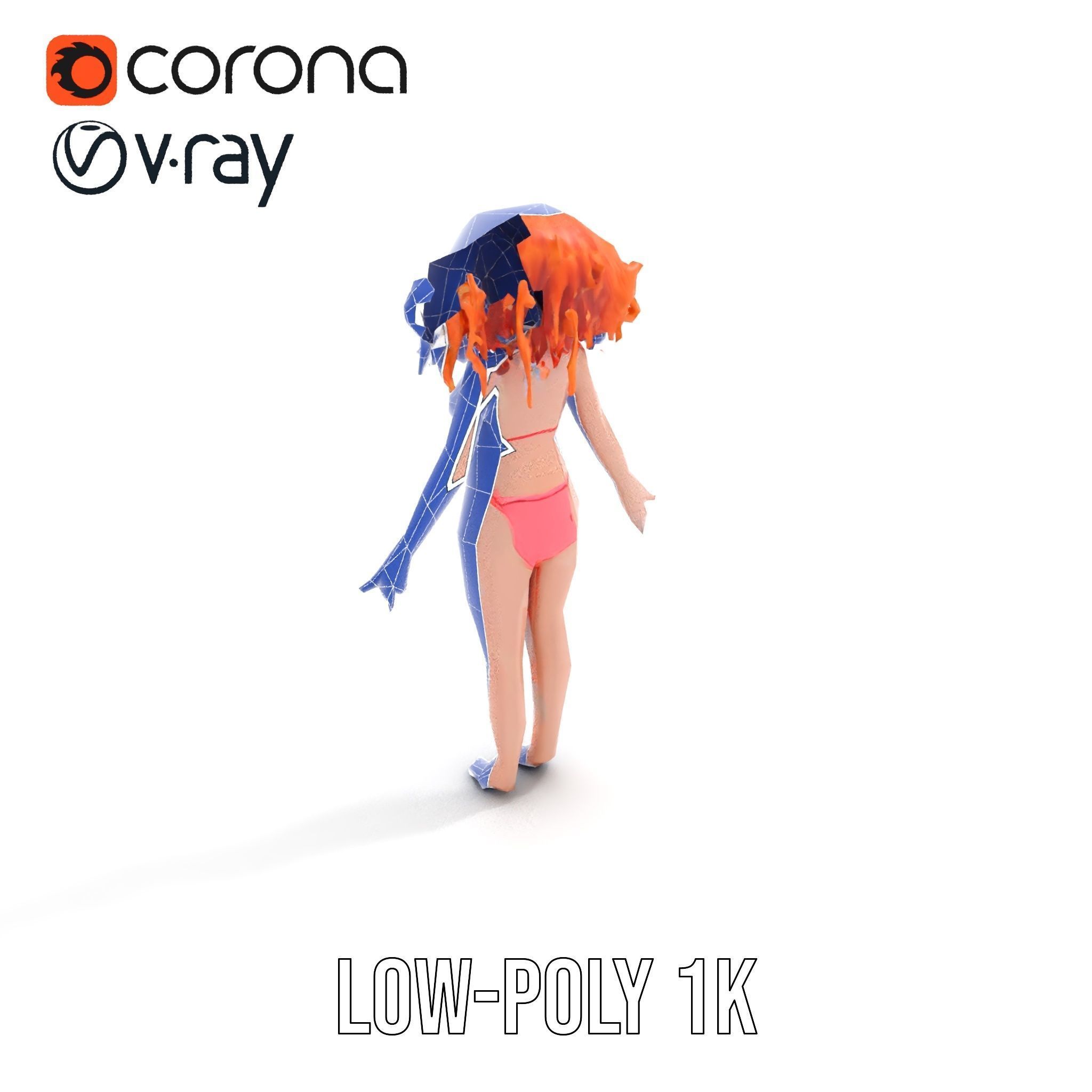 Curly Redhead Bikini Model Rigged and Animated Low-poly 3D model_7