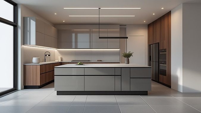 Photorealistic Modern Minimalist Kitchen Interior  3D Render Texture