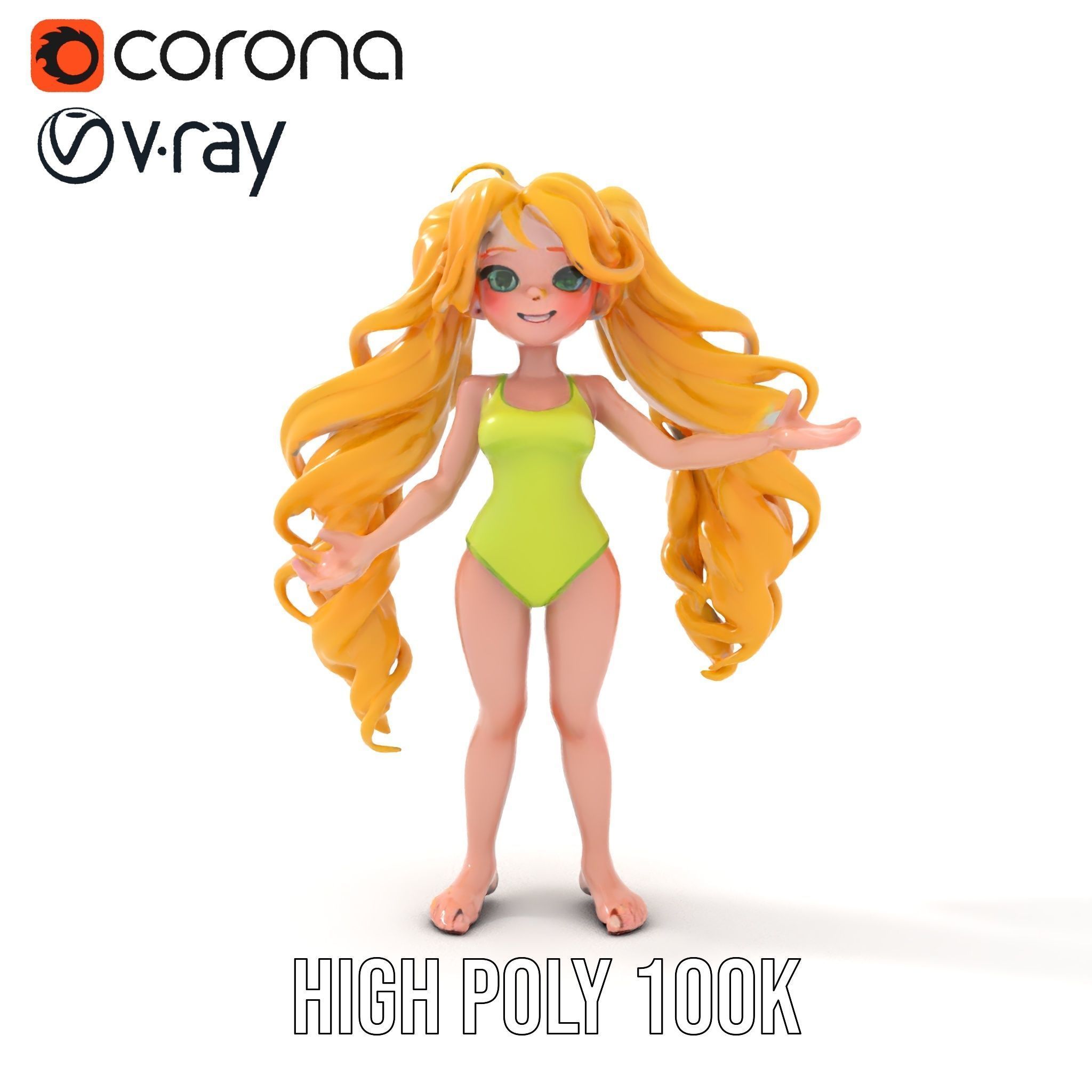 Animated Blonde Girl Character Model in Summer Outfit Rigged... Low-poly 3D model_18