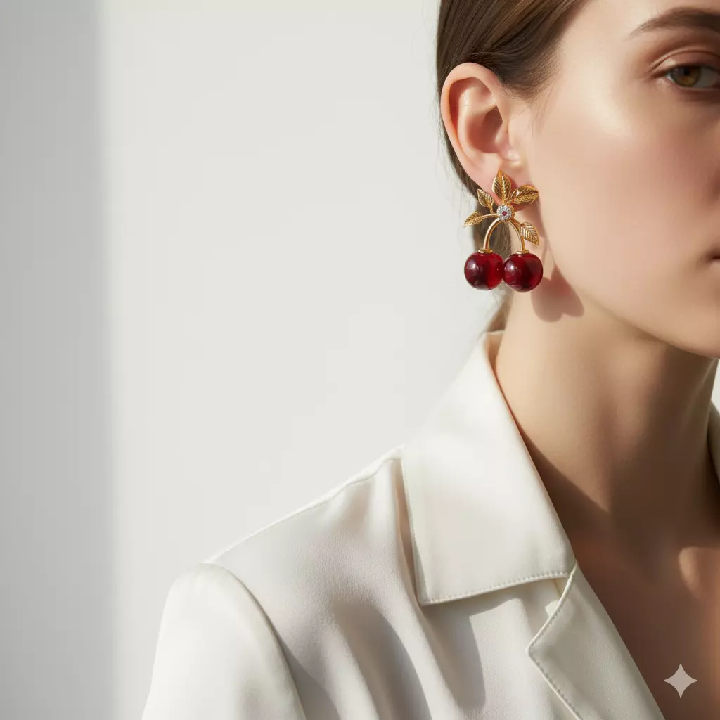 Cherry Bloom Luxurious Gold Fruit Earrings 3D print model_0