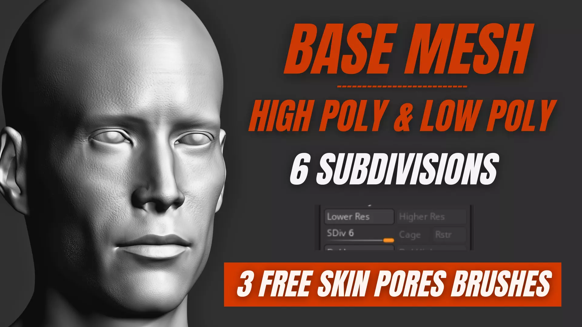 Male Head 3D Base Mesh Realistic with Free Skin pores Burshes Low-poly 3D model_0