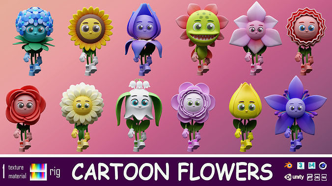 Cartoon character flowers  Low-poly 3D model