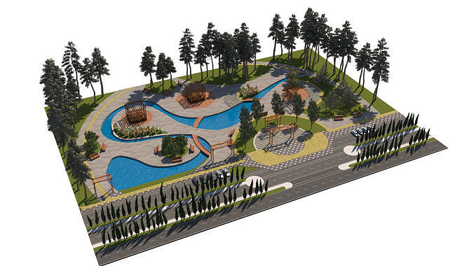 Dynamic Urban Park with Winding Water Features 3D Model Low-poly 3D model