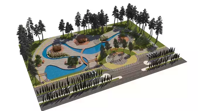 Dynamic Urban Park with Winding Water Features 3D Model