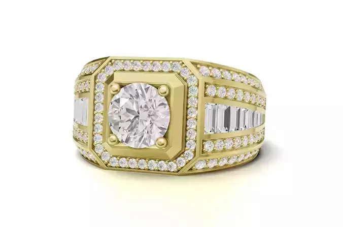 Mens Solitaire Diamond And Baguette Statement Ring