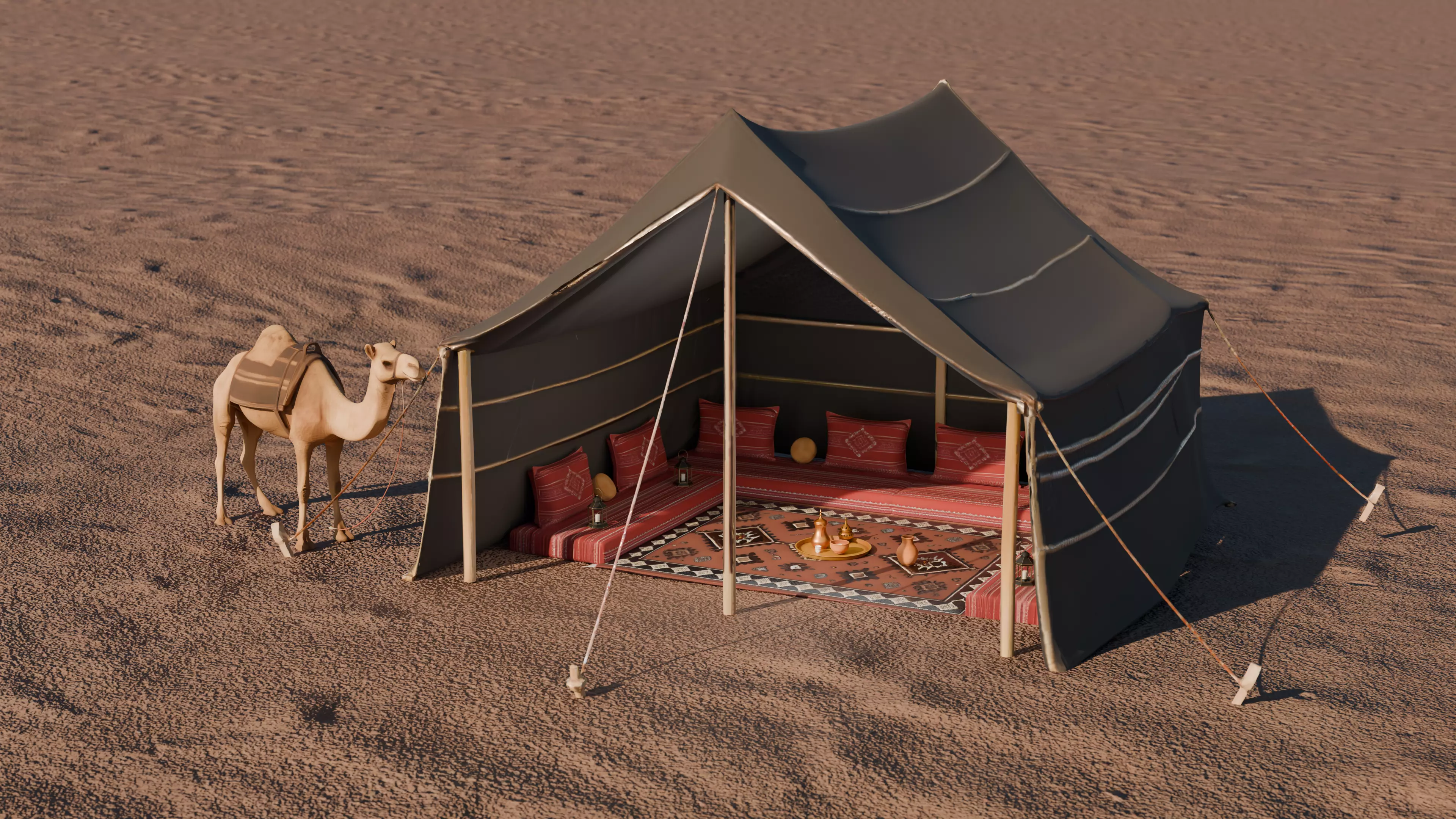 Bedouin Desert Tent Majlis with Camel 3D model_0