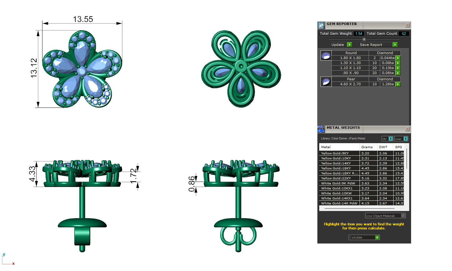 Pear Cluster Diamond Stud For Women 3D print model_4