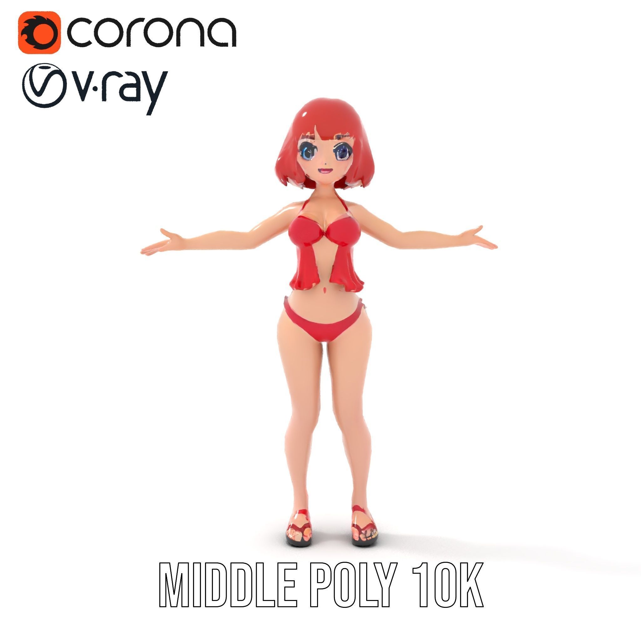 Anime Style Female Character in Red Swimsuit  Rigged and Anim... Low-poly 3D model_12