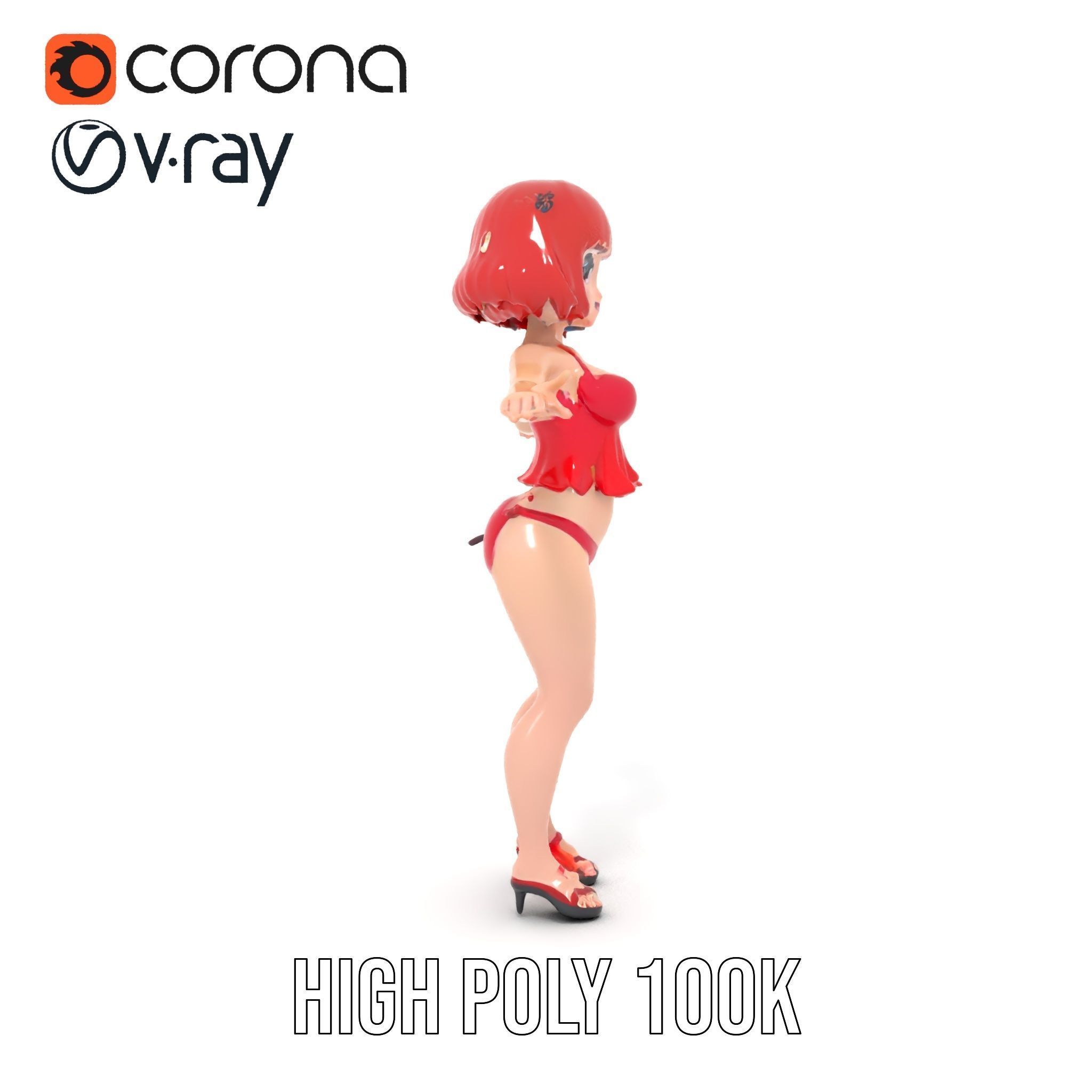 Anime Style Female Character in Red Swimsuit  Rigged and Anim... Low-poly 3D model_33