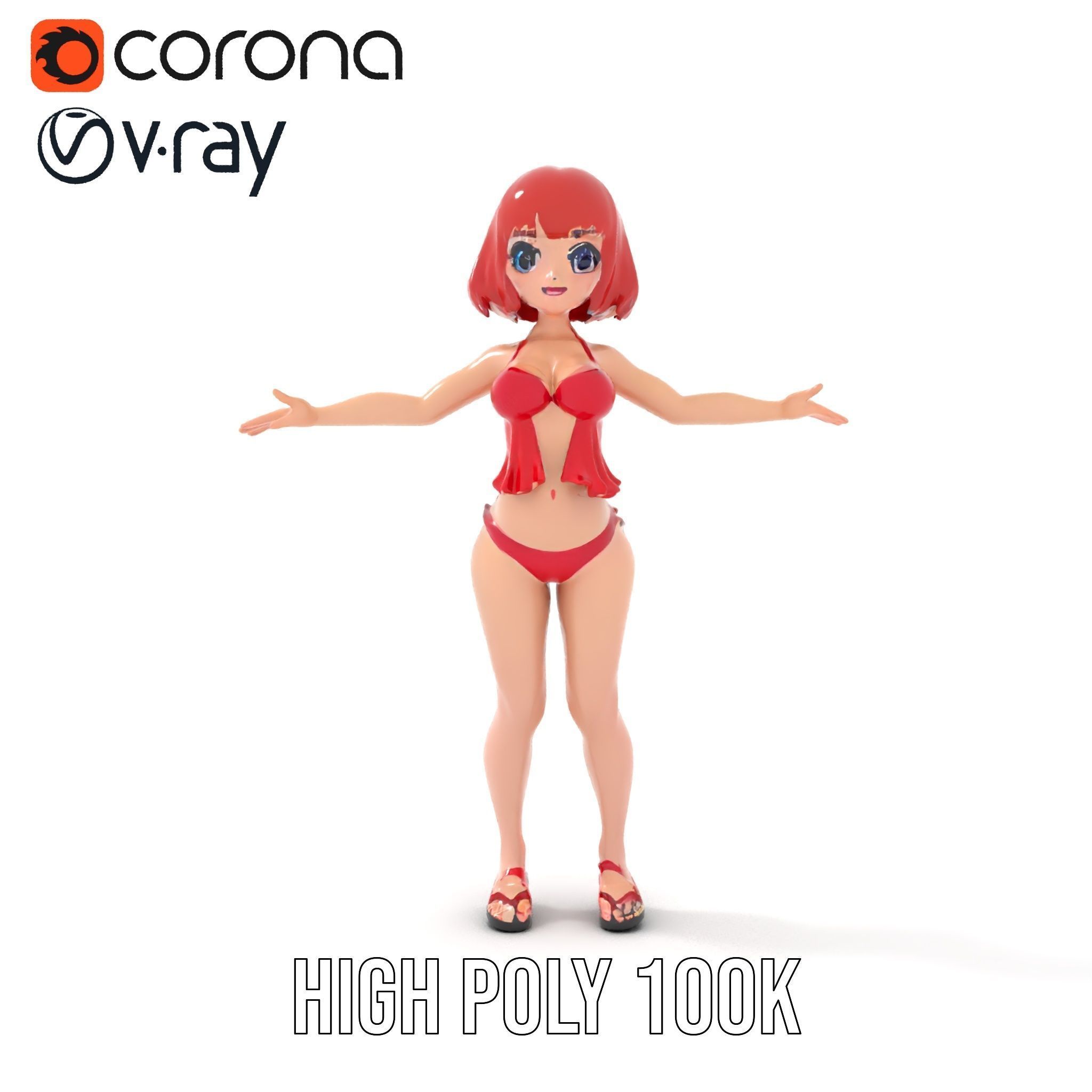 Anime Style Female Character in Red Swimsuit  Rigged and Anim... Low-poly 3D model_20