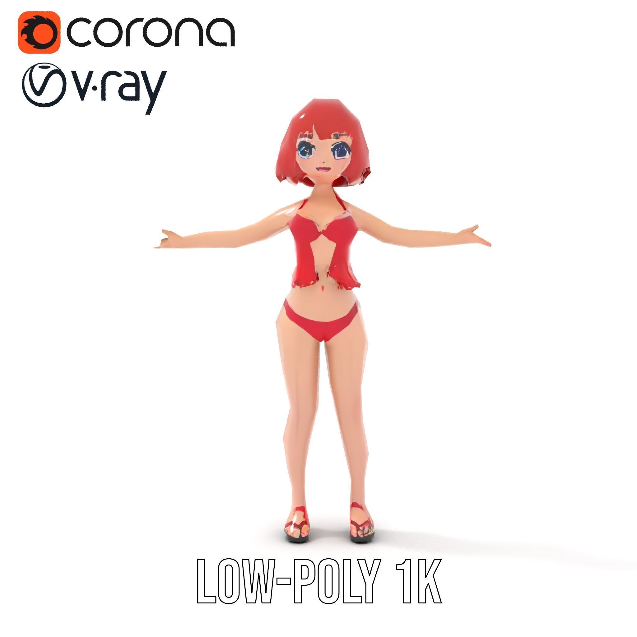 Anime Style Female Character in Red Swimsuit  Rigged and Anim... Low-poly 3D model_16