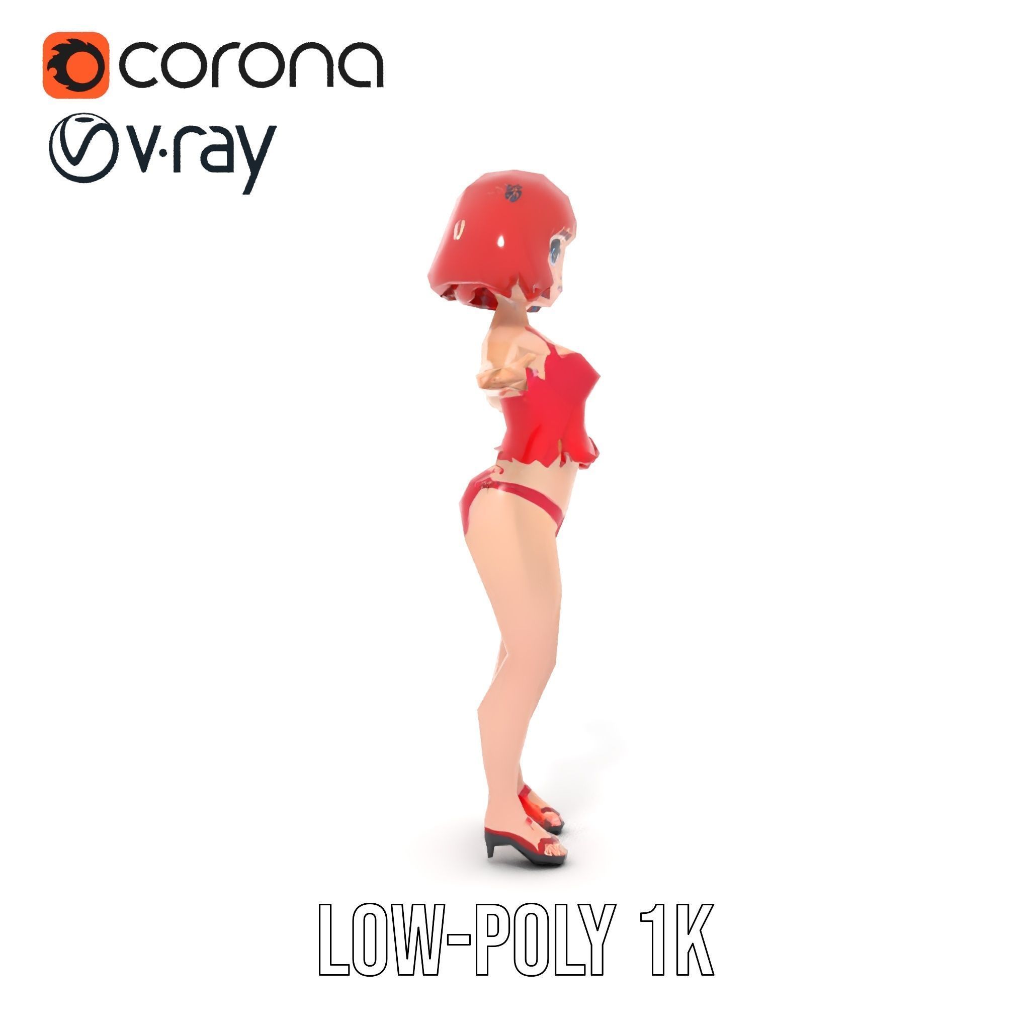 Anime Style Female Character in Red Swimsuit  Rigged and Anim... Low-poly 3D model_13