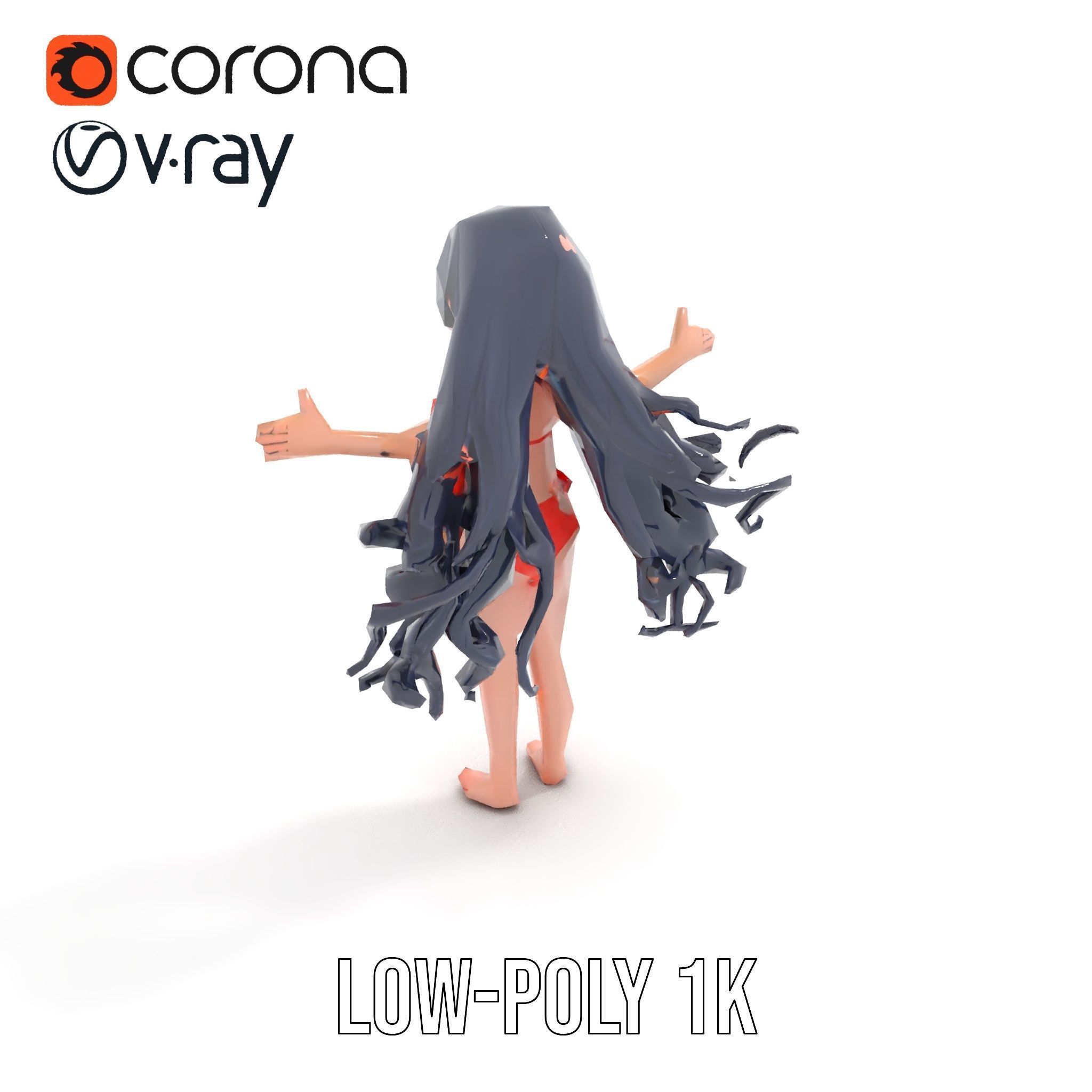 Rigged and Animated Anime Beachwear Character Model Low-poly 3D model_7